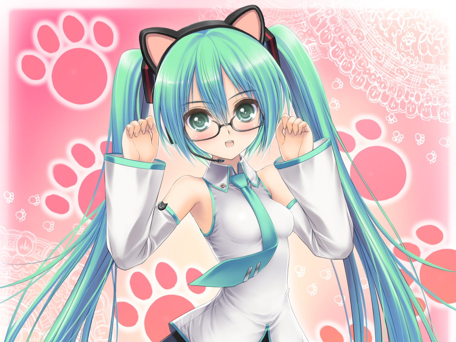 animal_ears, aqua_hair, erinngi, glasses, green_eyes, hatsune_miku, long_hair, microphone