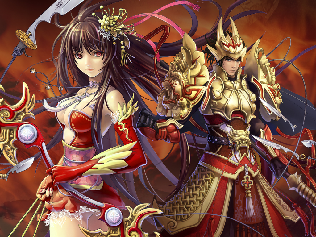 armor, blue_eyes, bow_(weapon), breasts, brown_hair, cleavage, eat, gloves