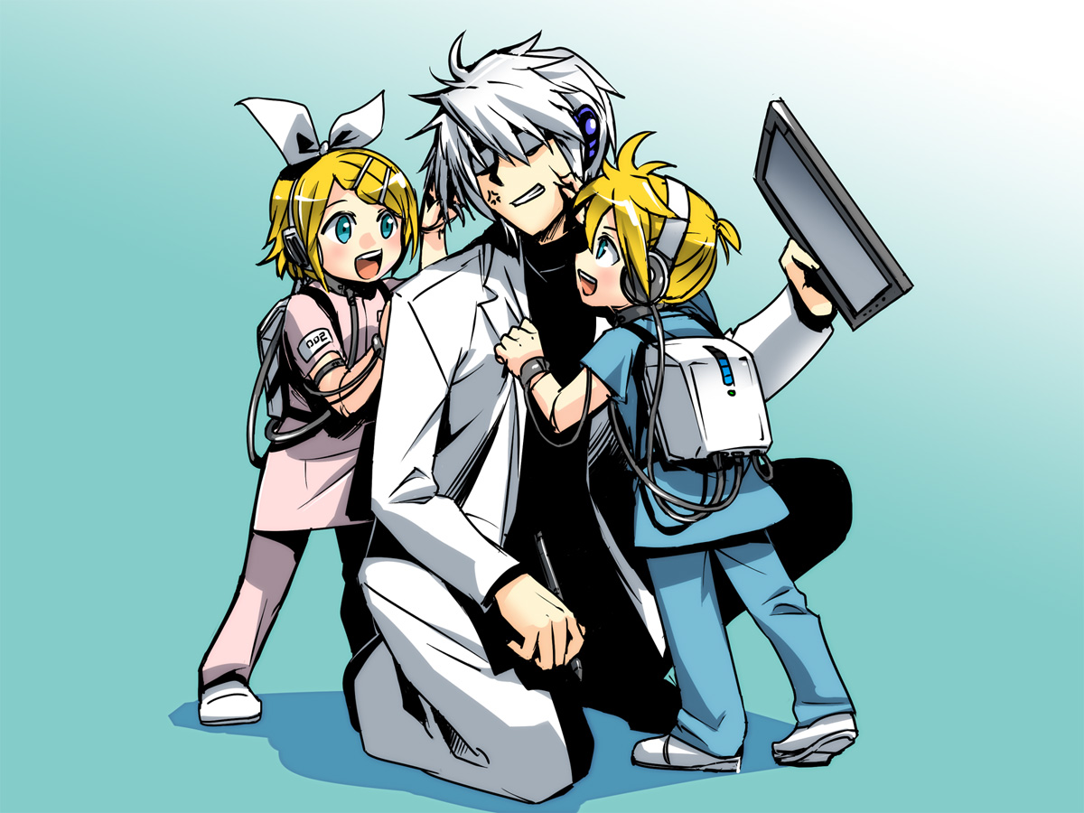 blue, caffein, computer, gradient, headphones, honne_dell, kagamine_len, kagamine_rin