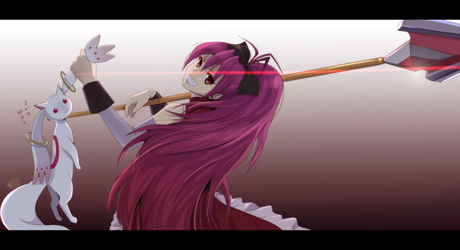 kyuubee, long_hair, mahou_shoujo_madoka_magica, misu_kasumi, pink_hair, red_eyes, sakura_kyouko, weapon