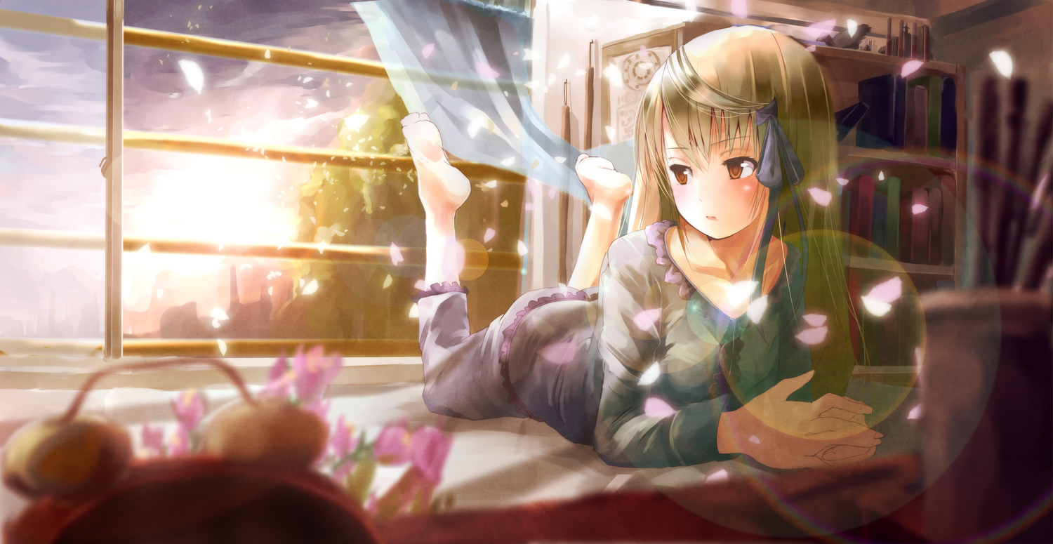barefoot, bed, book, brown_eyes, brown_hair, flowers, long_hair, pajamas, petals, rewrite, ribbons, senri_akane, sunset, yae_(mono110)