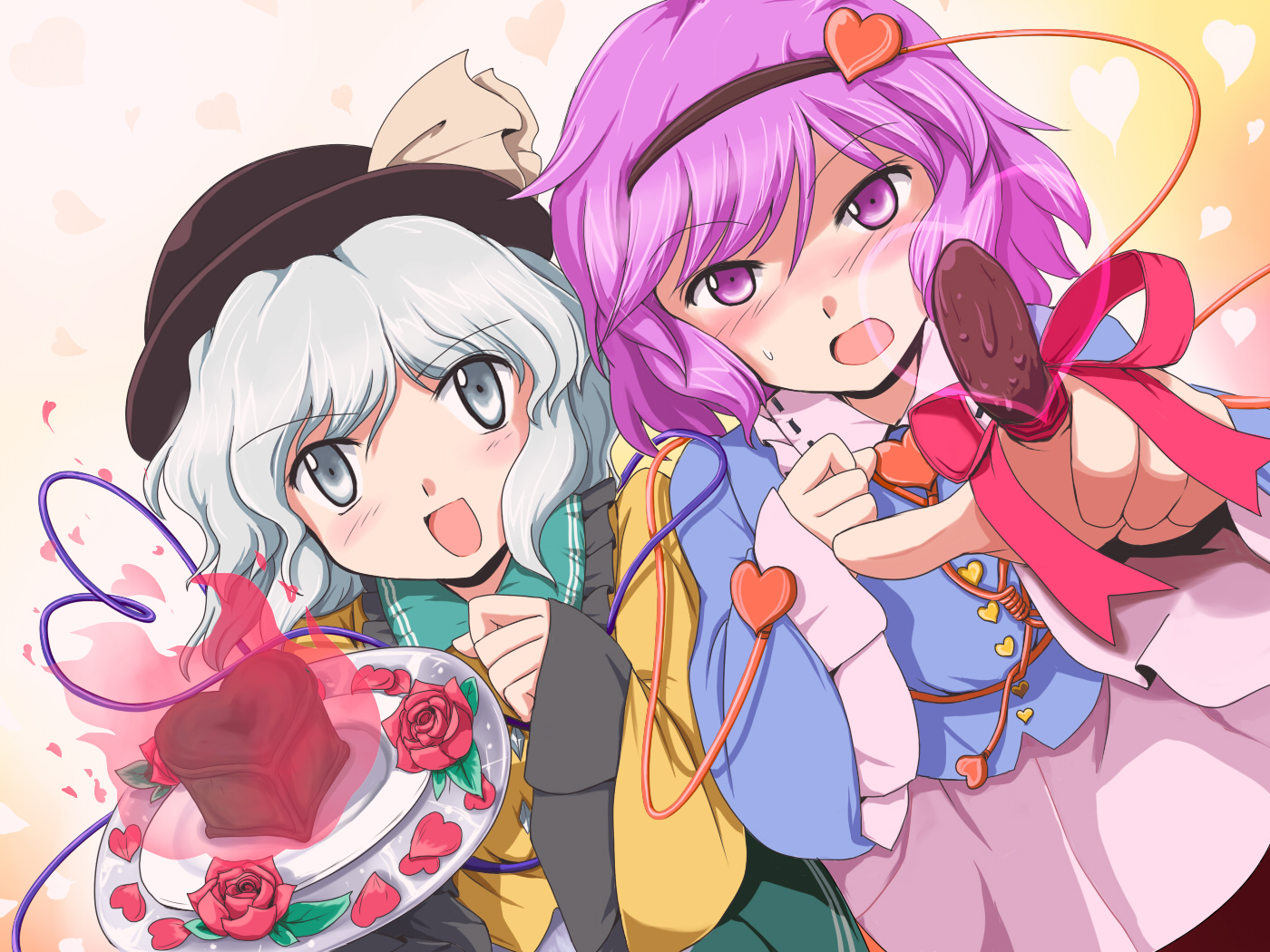 cake, dress, flowers, flx, food, hat, komeiji_koishi, komeiji_satori