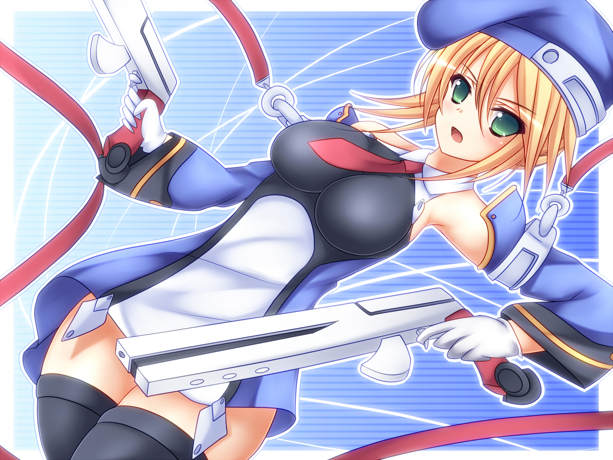 blazblue, blonde_hair, green_eyes, gun, hat, mikan_(5555), noel_vermillion, thighhighs