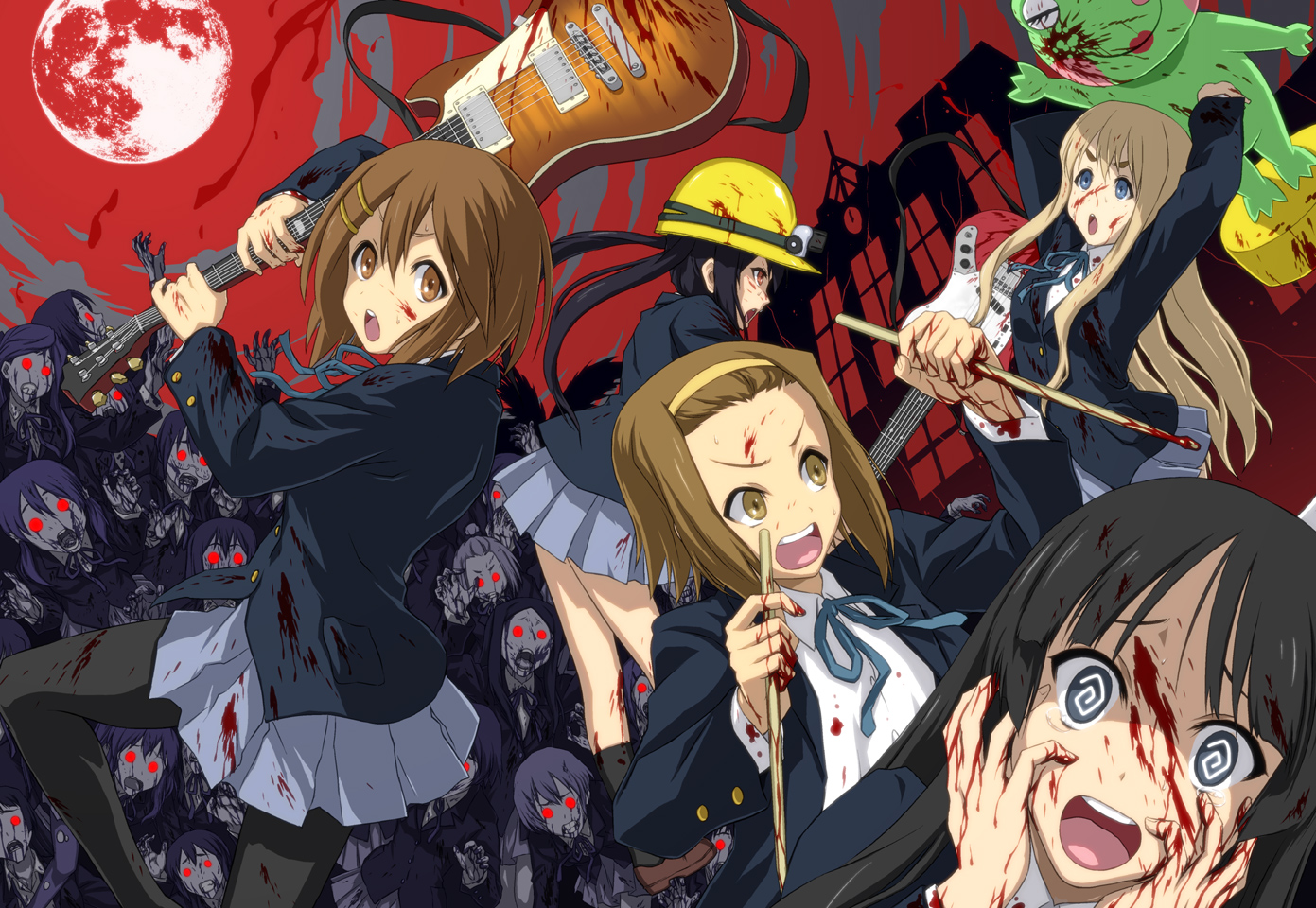 akiyama_mio, blood, guitar, hirasawa_yui, iga_tomoteru, instrument, k-on!, kotobuki_tsumugi, moon, nakano_azusa, red_eyes, school_uniform, tainaka_ritsu