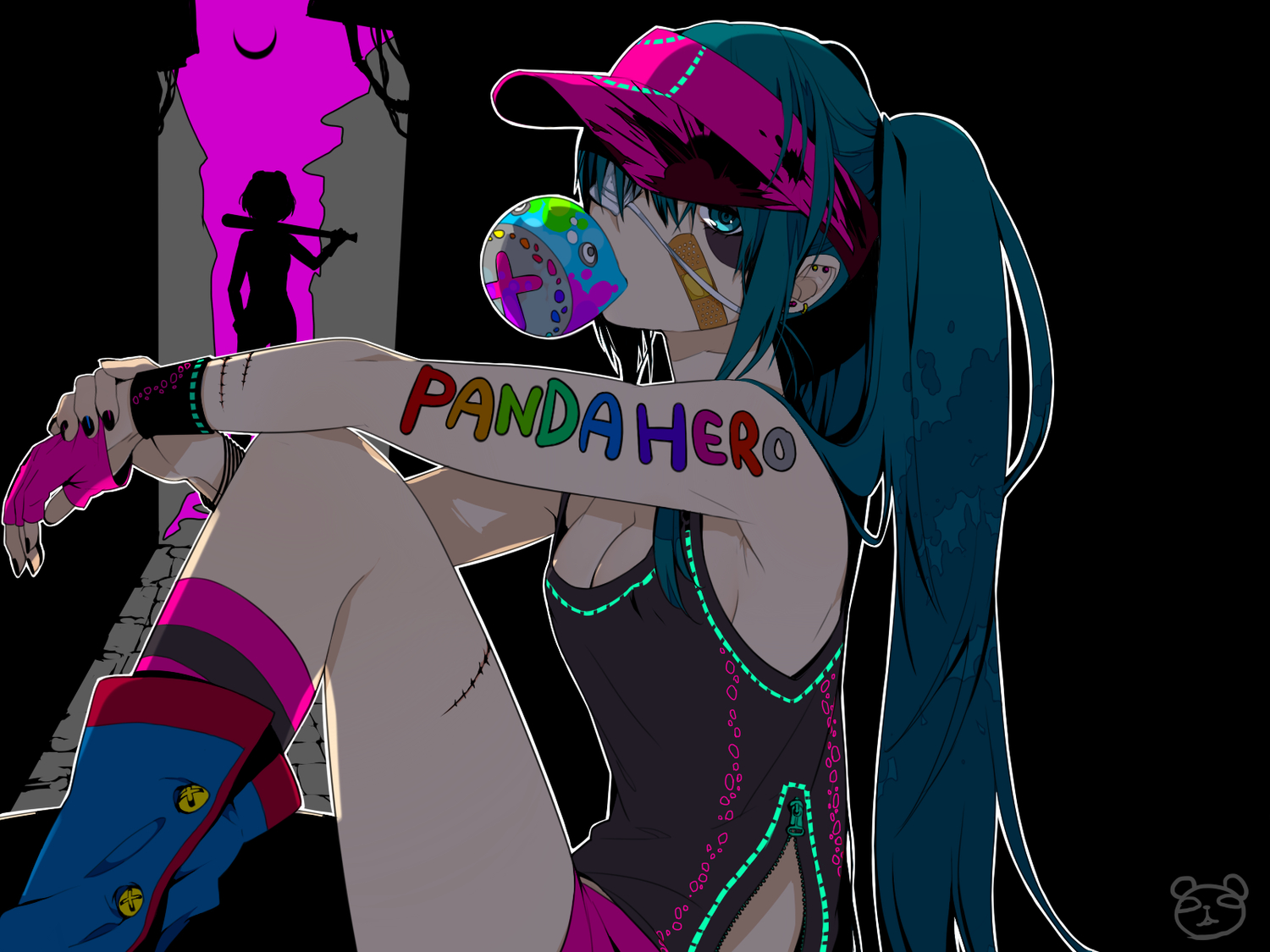 aqua_eyes, aqua_hair, baseball_bat, breasts, building, candy, cleavage, eyepatch, gloves, gumi, hat, hatsune_miku, kurono_yuu, long_hair, moon, panda_hero_(vocaloid), ponytail, shorts, silhouette, vocaloid