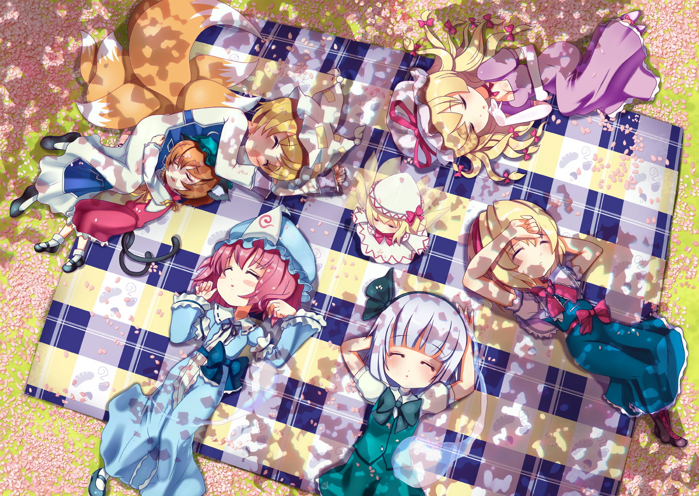 alice_margatroid, animal_ears, catgirl, chen, dress, fairy, foxgirl, group, konpaku_youmu, lily_white, multiple_tails, myon, petals, saigyouji_yuyuko, sleeping, tail, touhou, yakumo_ran, yakumo_yukari, ysrandy