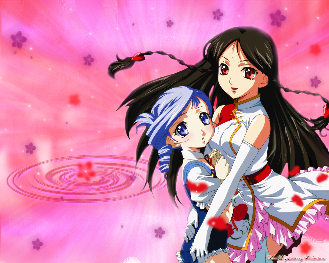 2girls, black_hair, gloves, kanasaki_takaomi, kiddy_grade, lumiere, pink, purple_eyes
