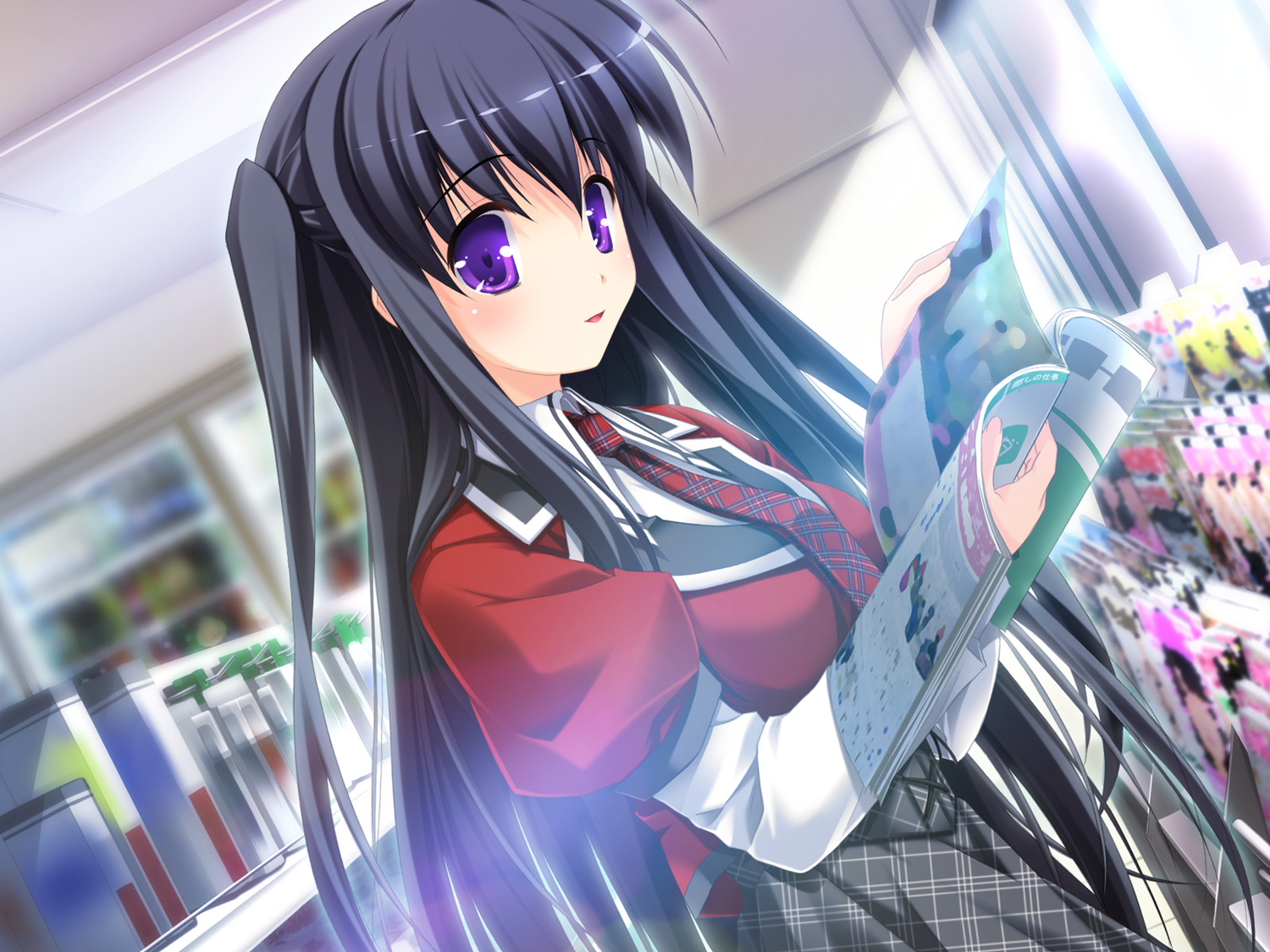 3rd_eye, black_hair, bloody_rondo, blush, book, game_cg, kamizu_sayaka, long_hair, purple_eyes, sakaki_maki, school_uniform, tie