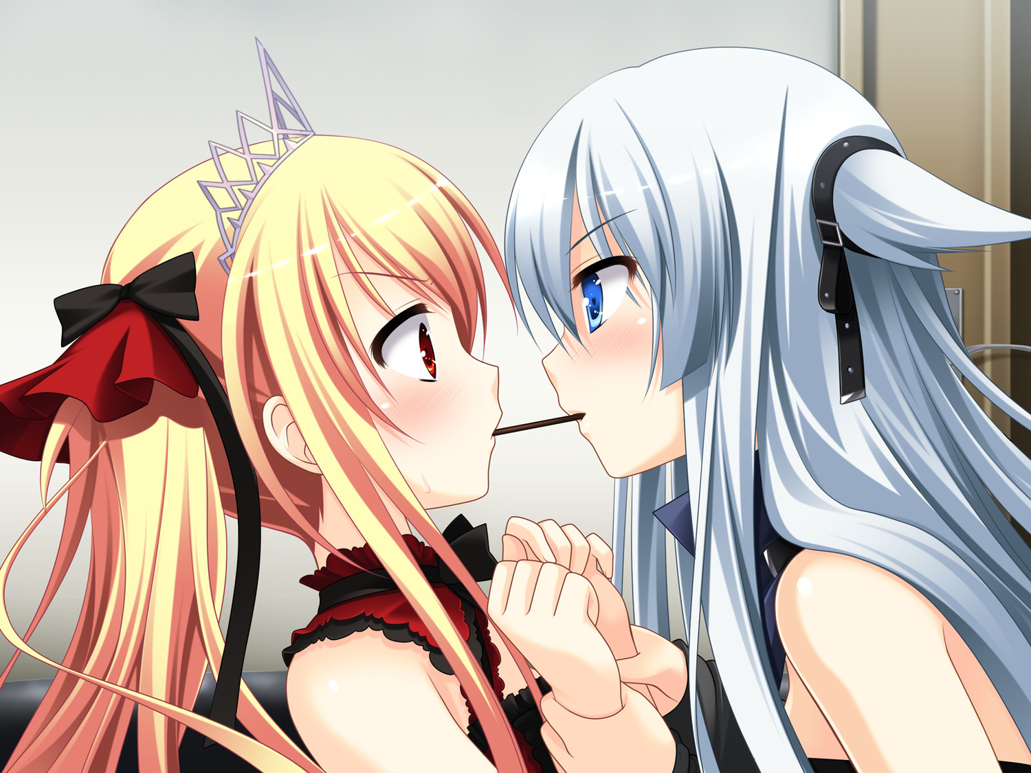 2girls, 3rd_eye, blonde_hair, bloody_rondo, blue_eyes, food, game_cg, gray_hair, headdress, long_hair, luna_freed_queen, lynette_vance, makita_maki, pocky, red_eyes