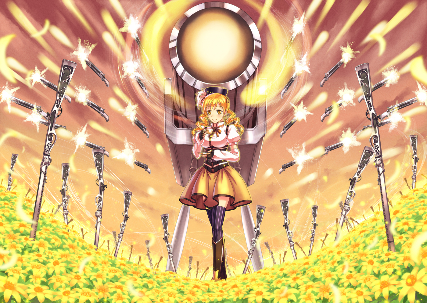 blonde_hair, fate_(series), fate/stay_night, flowers, gun, hat, mahou_shoujo_madoka_magica, parody