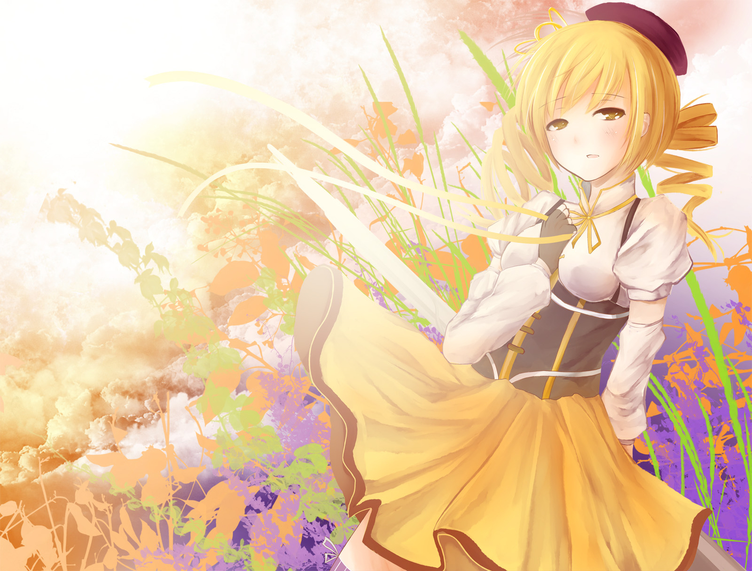 blonde_hair, dress, mahou_shoujo_madoka_magica, metalwasabi, sword, tomoe_mami, weapon
