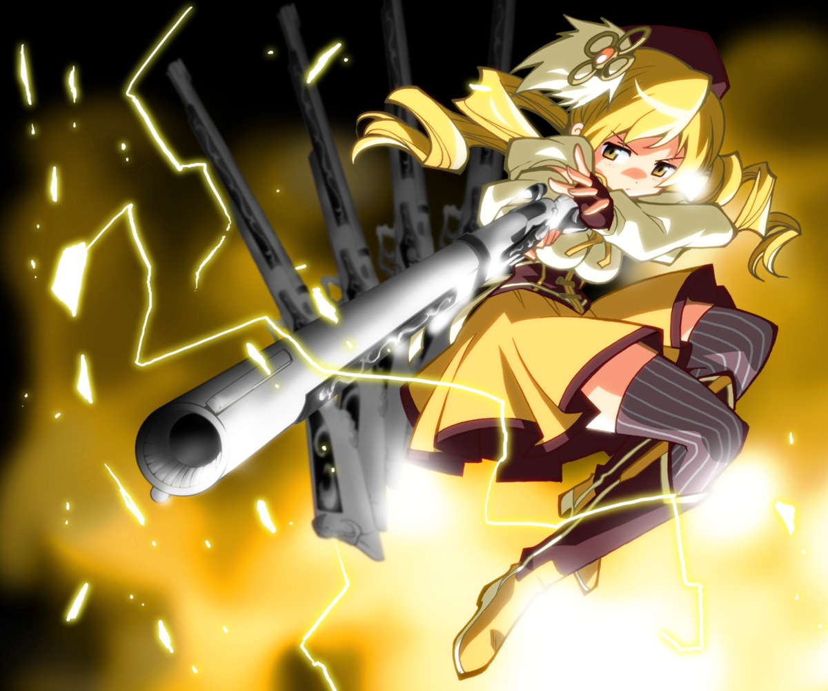 blonde_hair, gun, mahou_shoujo_madoka_magica, shirai_sanjirou, thighhighs, tomoe_mami, weapon, yellow_eyes