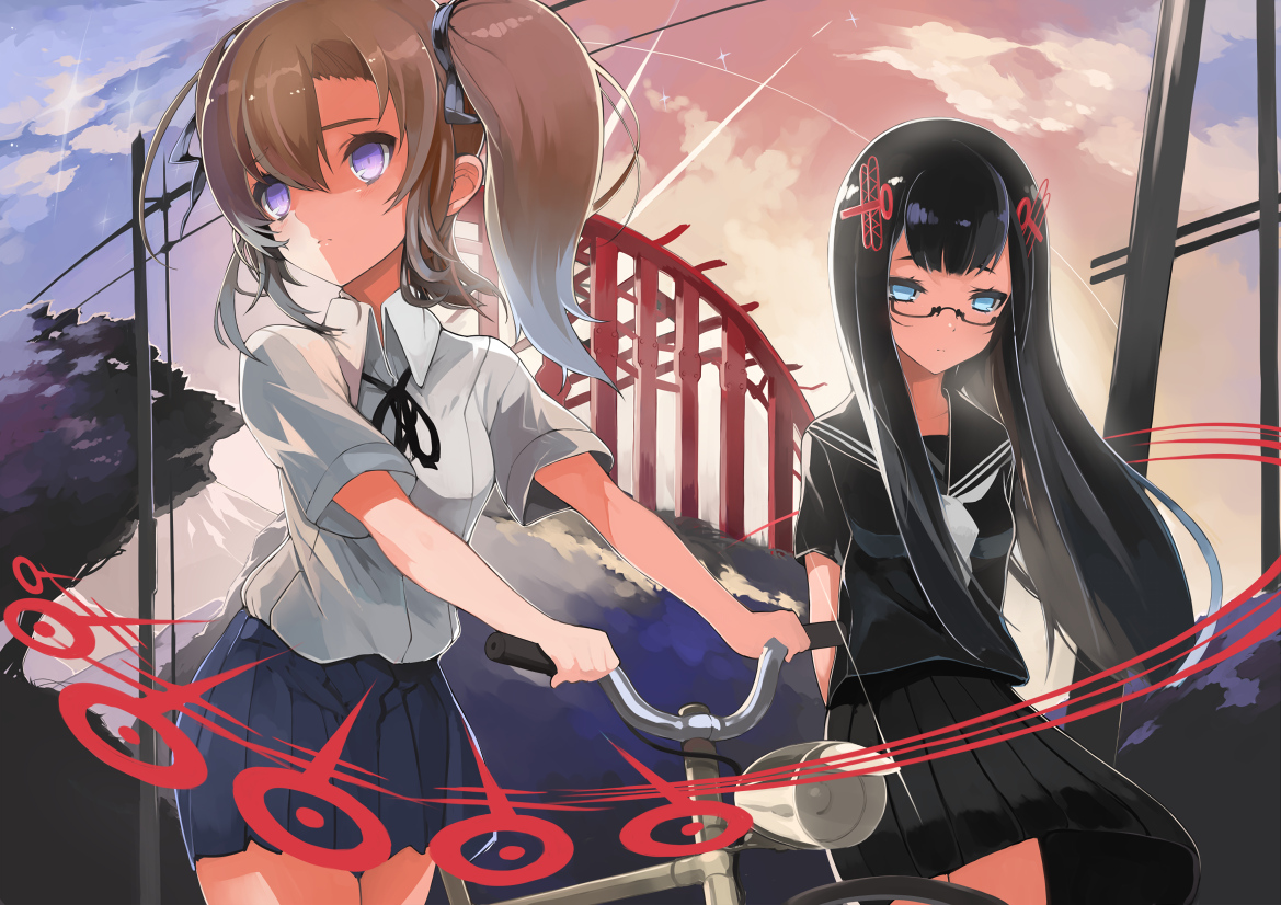 bicycle, black_hair, blonde_hair, blue_eyes, glasses, izuru_(timbermetal), long_hair, original