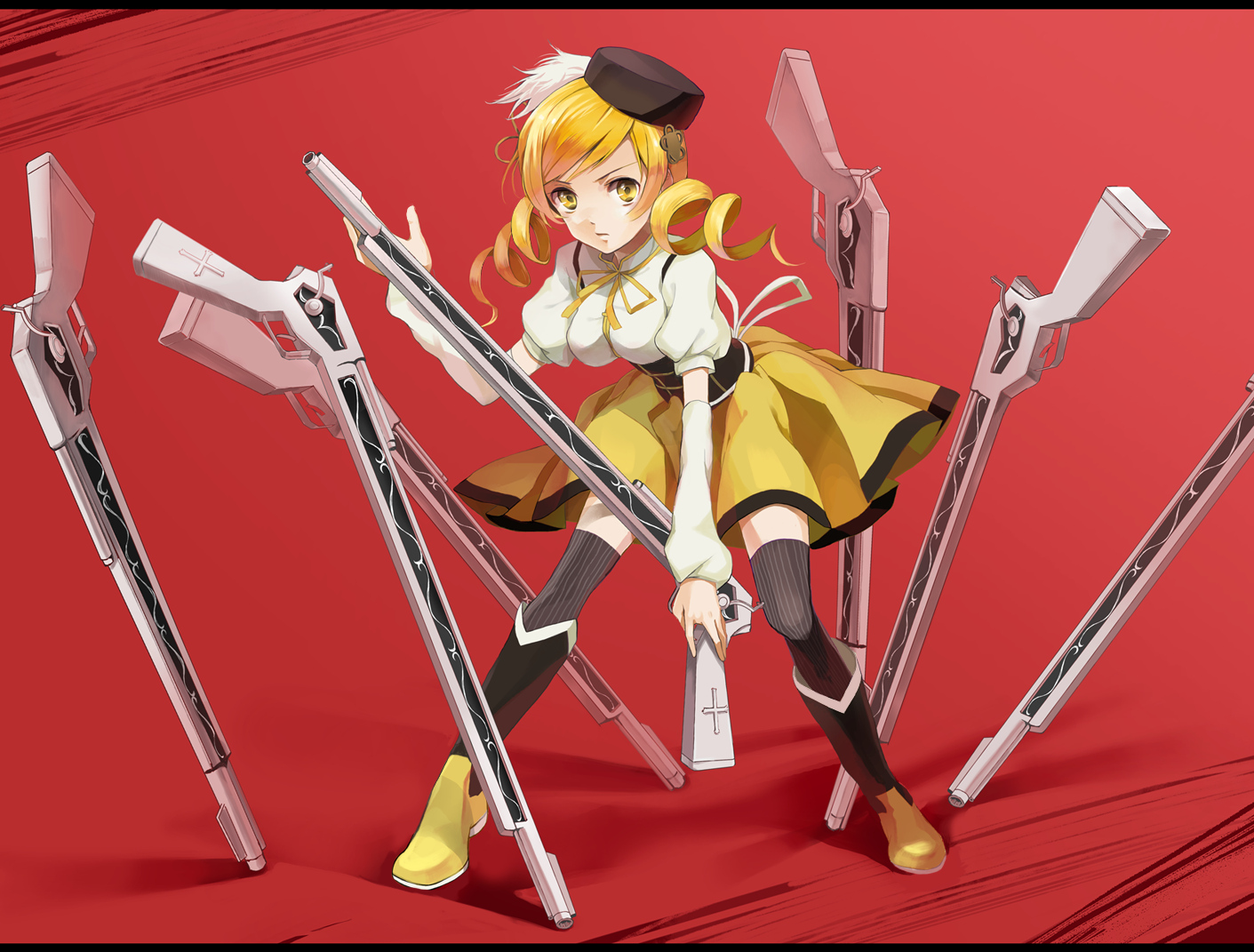 blonde_hair, gun, koromono, mahou_shoujo_madoka_magica, red, thighhighs, tomoe_mami, weapon