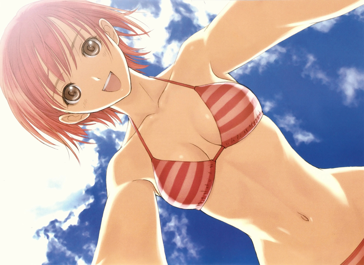 bikini_top, breasts, brown_eyes, cleavage, kanon_seena, pink_hair, shining_wind, sky