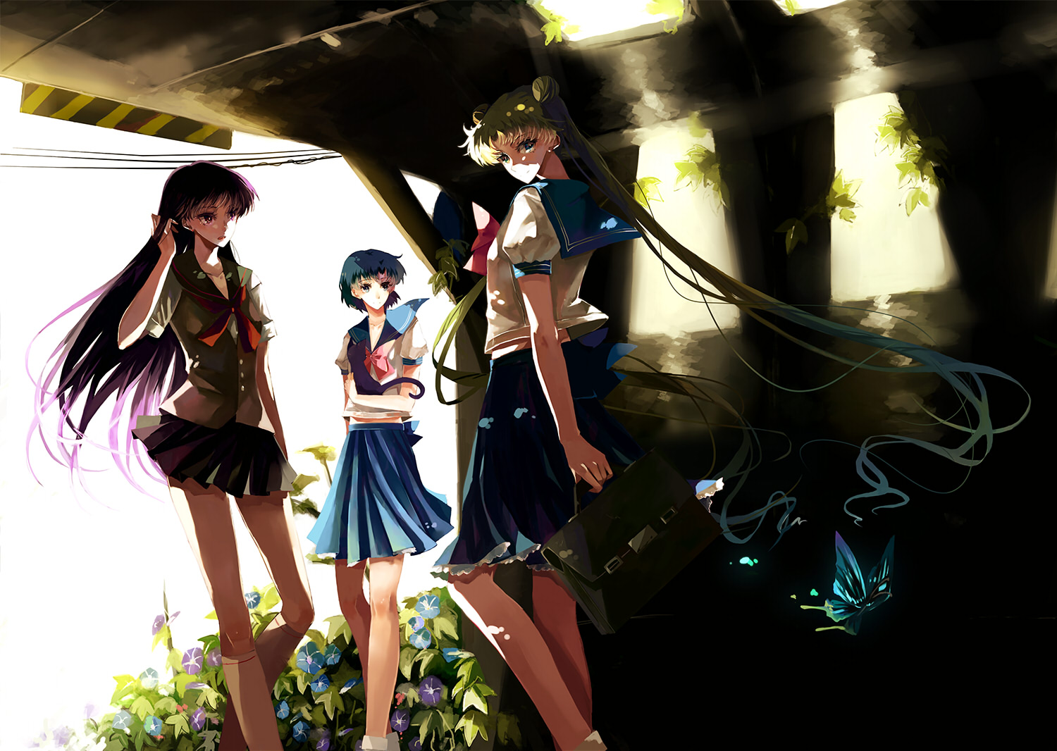 blonde_hair, butterfly, flowers, hino_rei, long_hair, mizuno_ami, nako_(nonrain), purple_hair