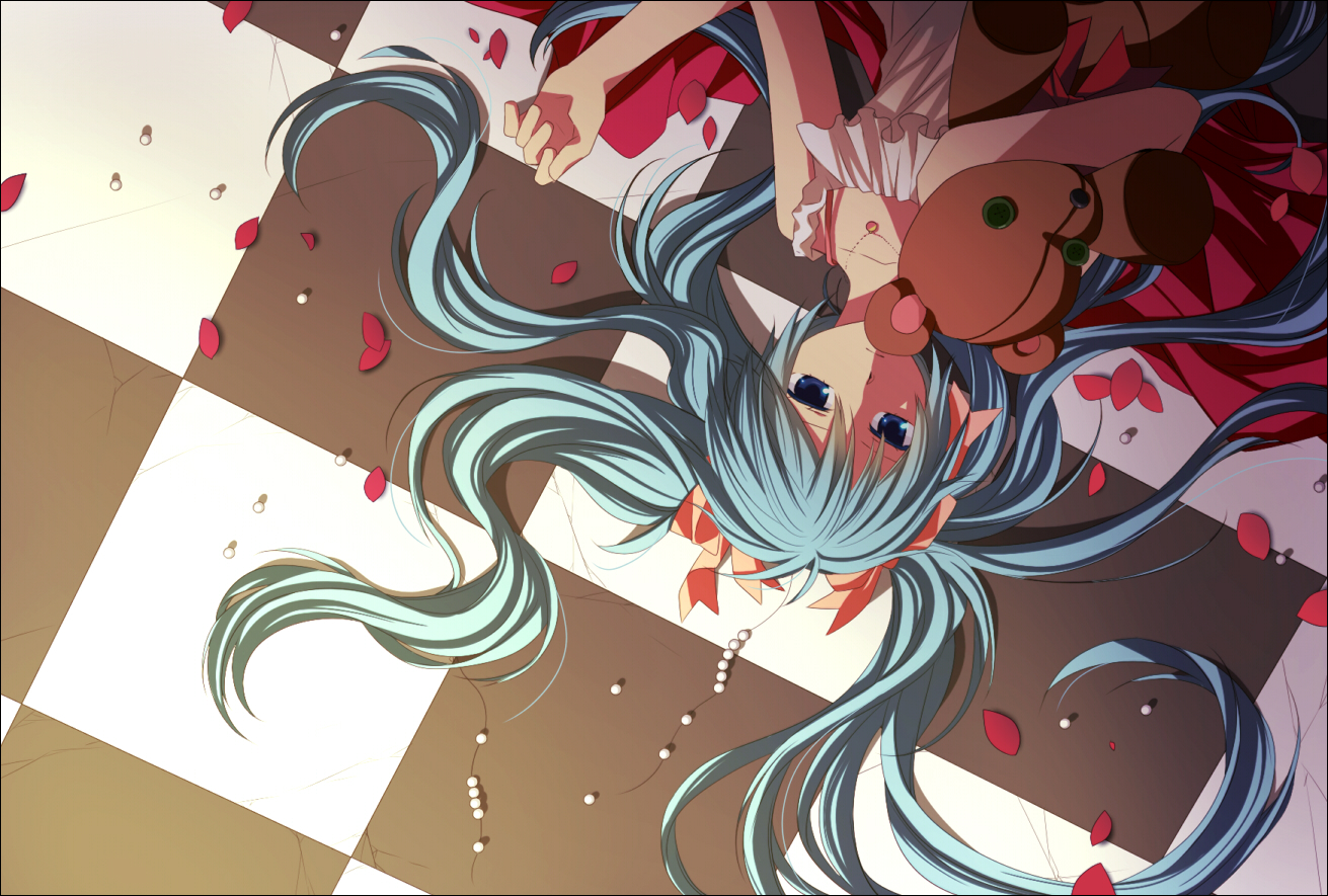 akitsuki_(akiduko), aqua_hair, dress, hatsune_miku, necklace, petals, teddy_bear, twintails