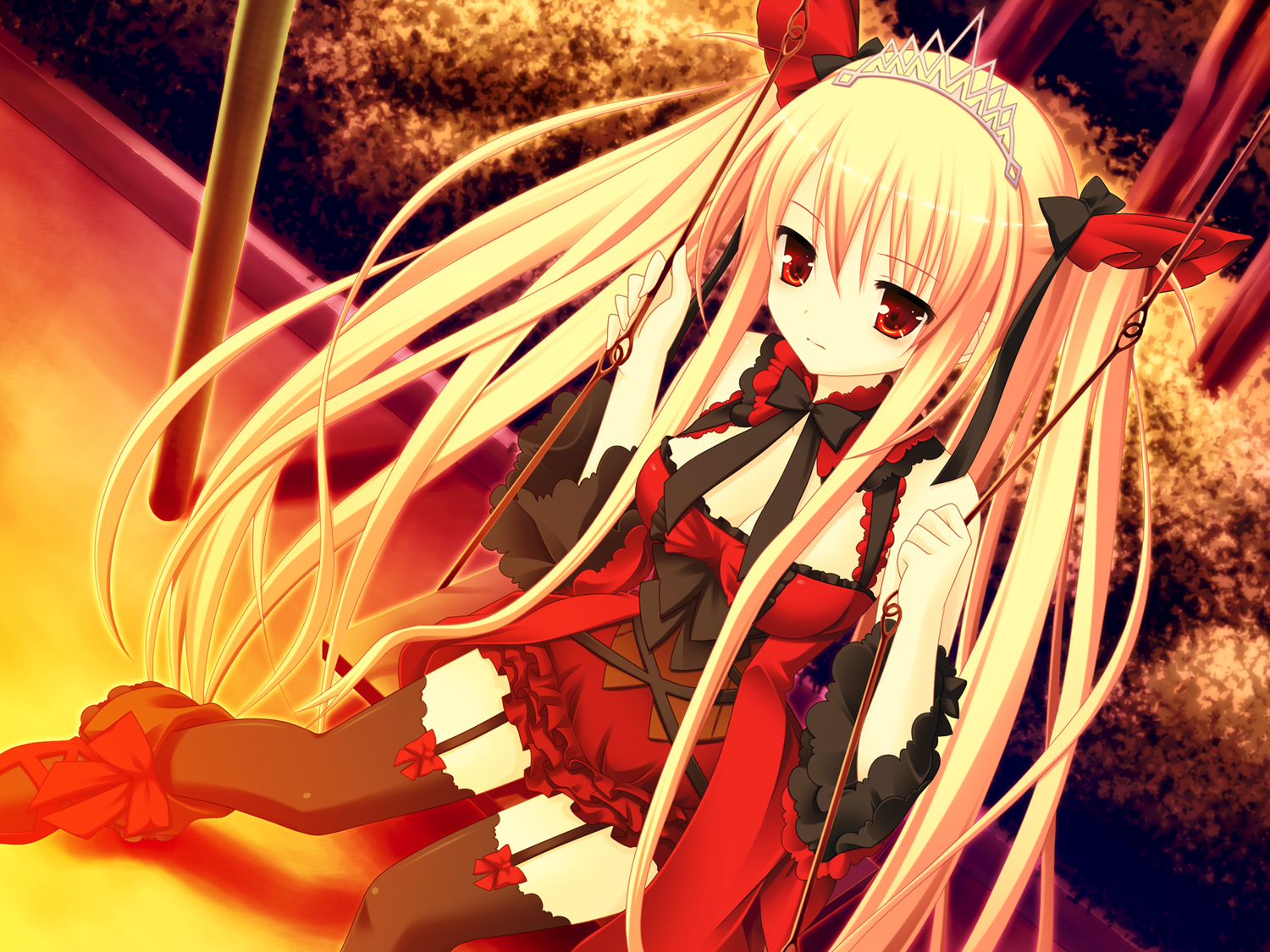 3rd_eye, blonde_hair, bloody_rondo, dress, game_cg, lolita_fashion, long_hair, luna_freed_queen, makita_maki, red_eyes, ribbons, sunset, thighhighs, twintails