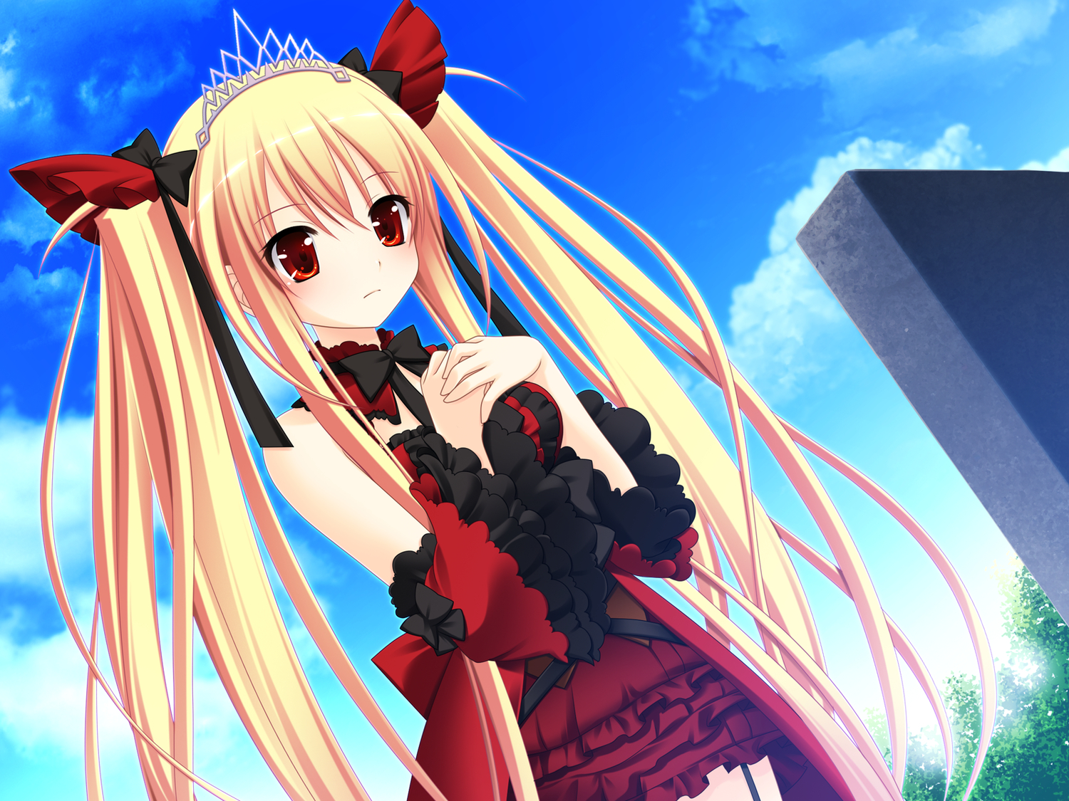 3rd_eye, blonde_hair, bloody_rondo, clouds, dress, game_cg, headband, long_hair