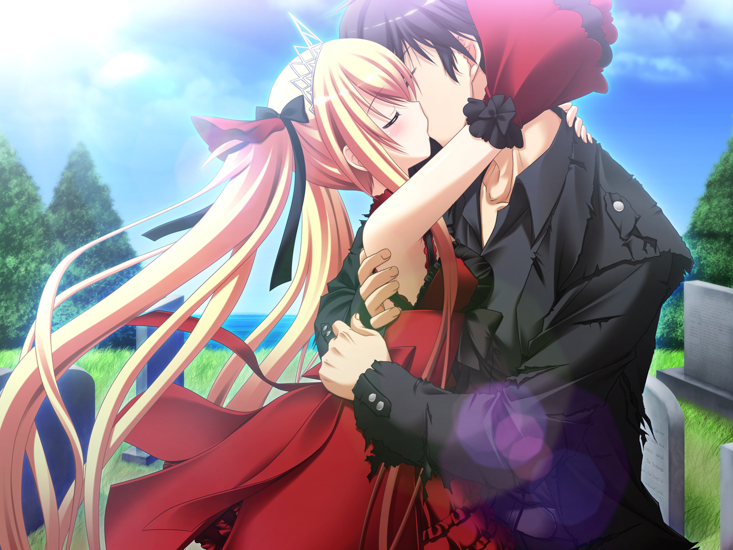 3rd_eye, black_hair, blonde_hair, bloody_rondo, blush, dress, game_cg, kiss