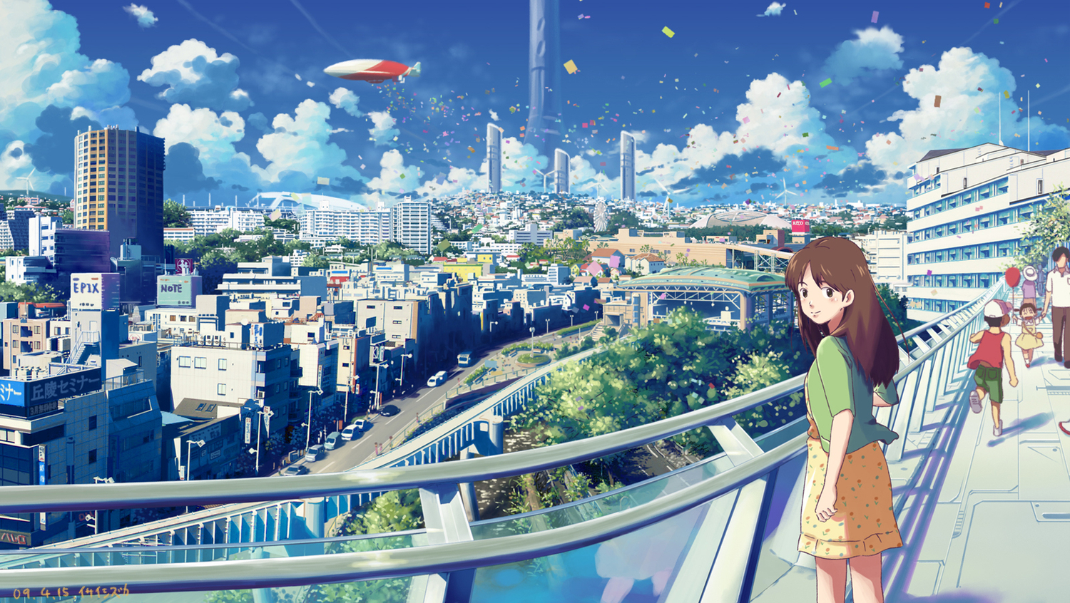 black_eyes, brown_hair, building, city, clouds, isai_shizuka, long_hair, original