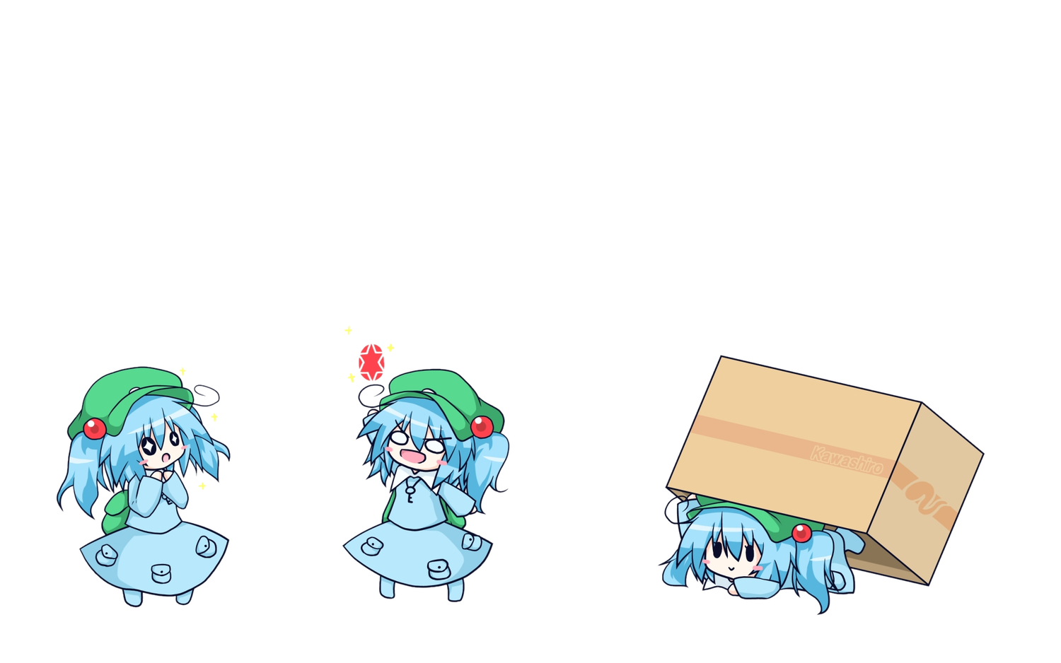 blue_hair, blush, chibi, kawashiro_nitori, oribe_rin, short_hair, touhou, twintails, white