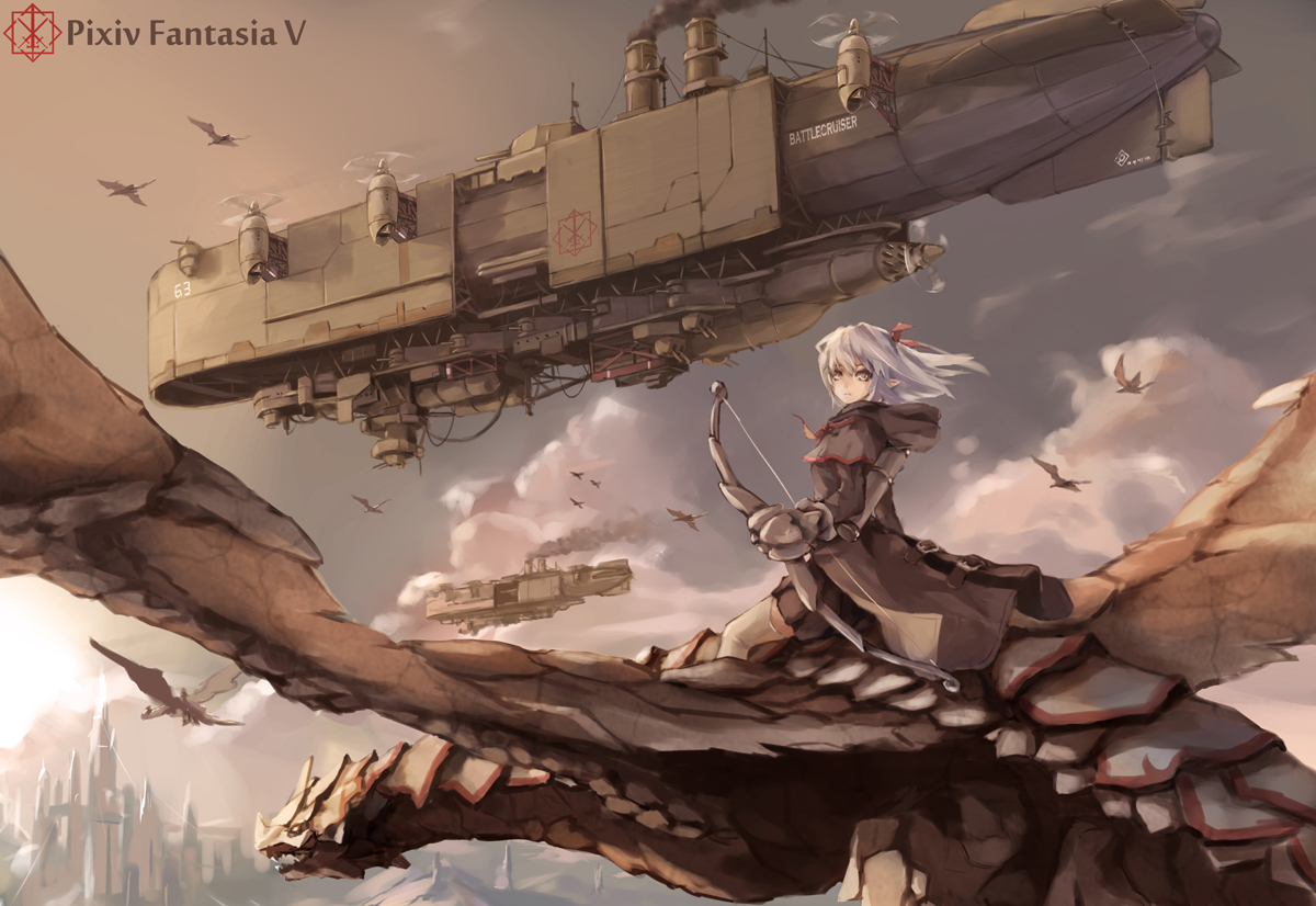 aircraft, bow, bow_(weapon), clouds, dragon, gray_eyes, long_hair, original, pixiv_fantasia, pointed_ears, skirt, thighhighs, weapon, white_hair, wings, xiao_qiang_(overseas)