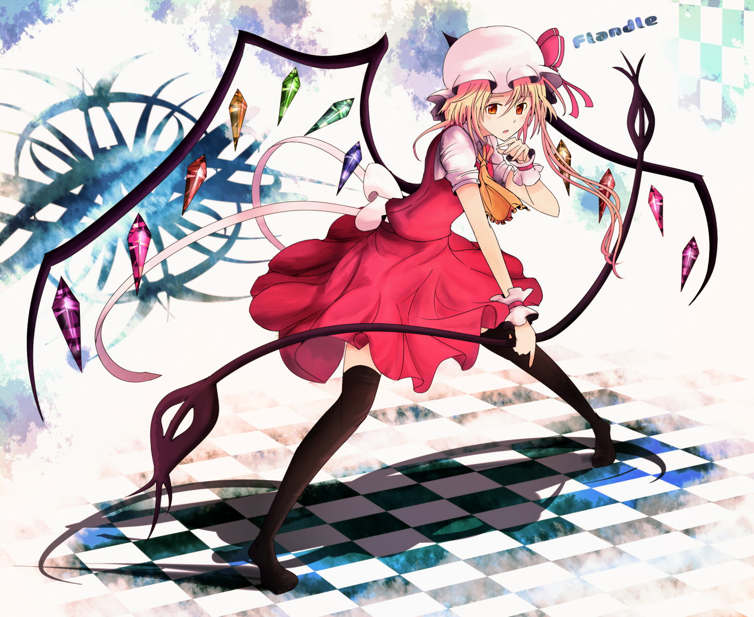 dress, flandre_scarlet, hat, thighhighs, touhou, vampire, weapon, wings, yodori