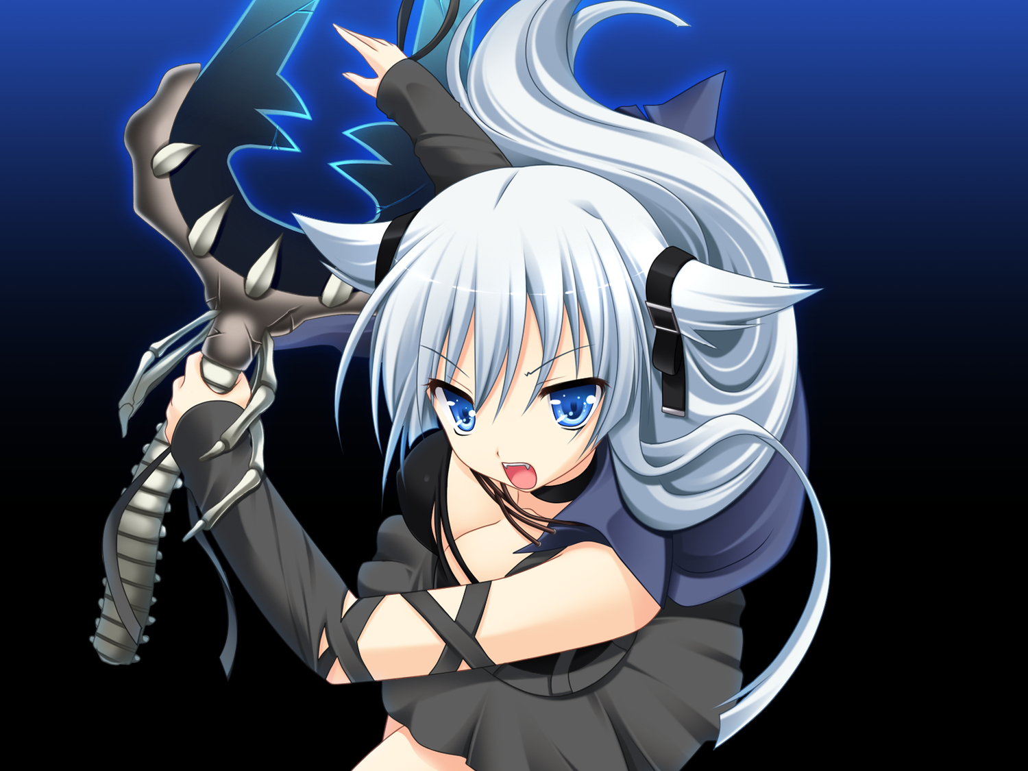 3rd_eye, bloody_rondo, blue_eyes, breasts, cleavage, fang, game_cg, lynette_vance