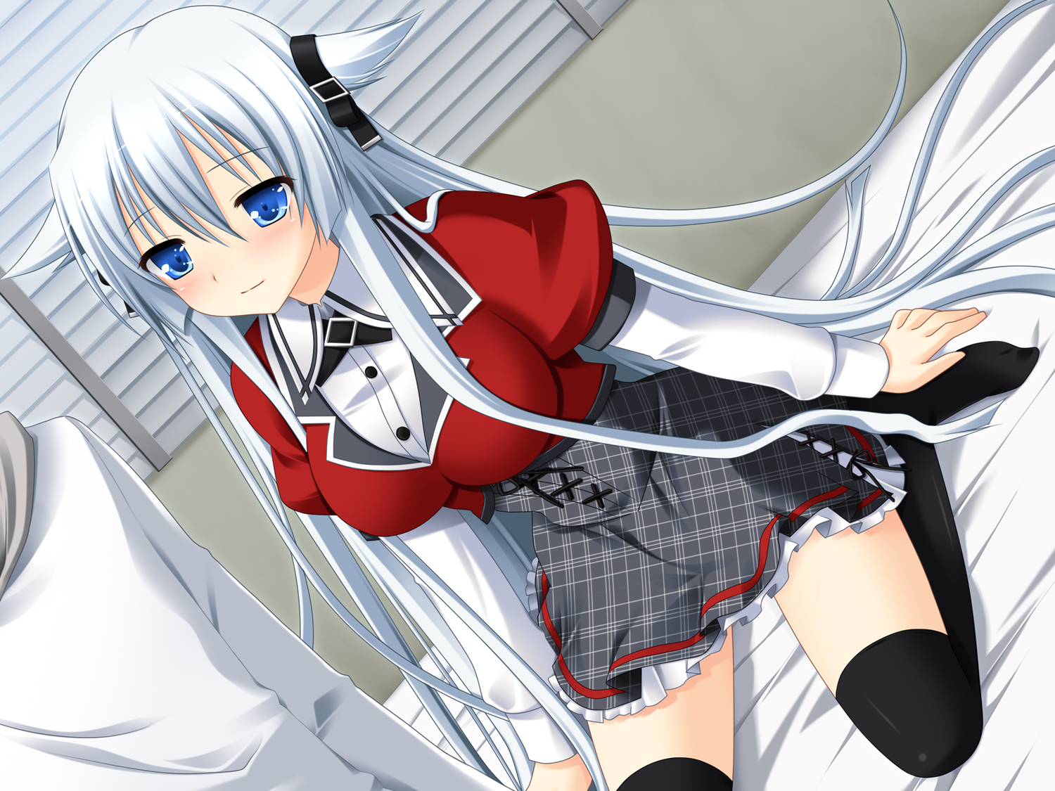 3rd_eye, bed, bloody_rondo, blue_eyes, game_cg, long_hair, lynette_vance, makita_maki