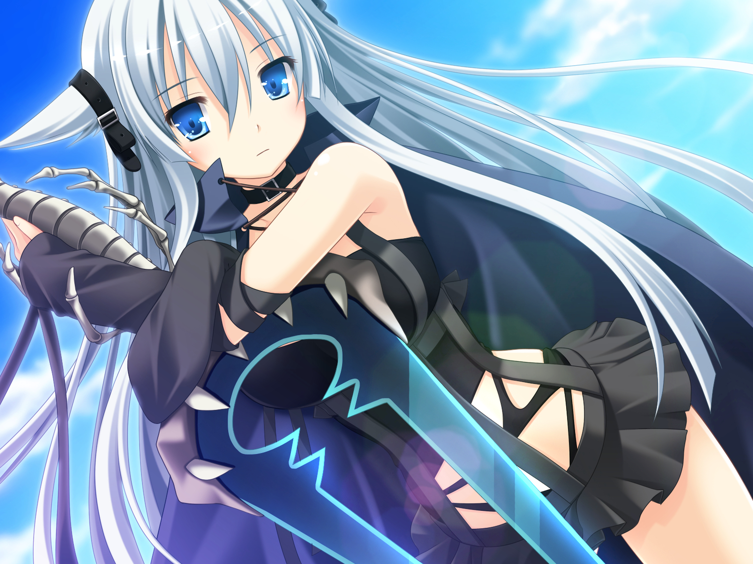 3rd_eye, bloody_rondo, blue_eyes, cape, collar, game_cg, gray_hair, long_hair, lynette_vance, makita_maki, skirt, sky, weapon