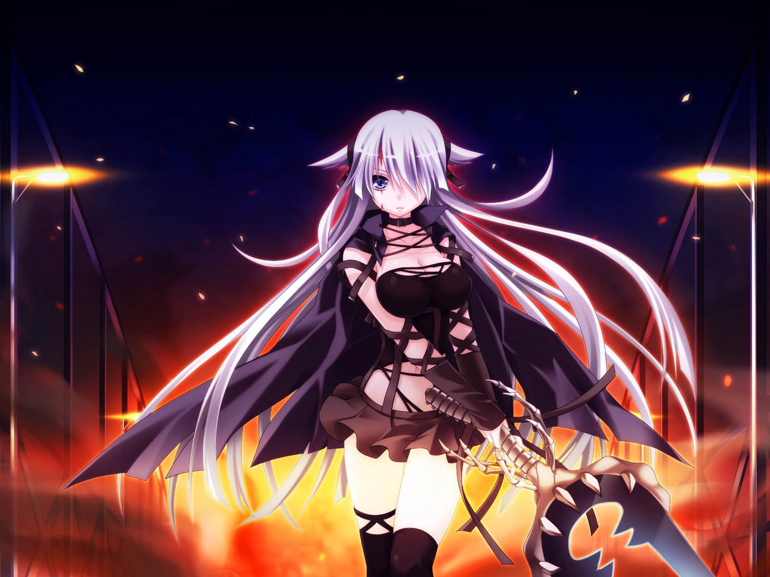 bloody_rondo, blue_eyes, breasts, cape, cleavage, game_cg, gray_hair, kneehighs