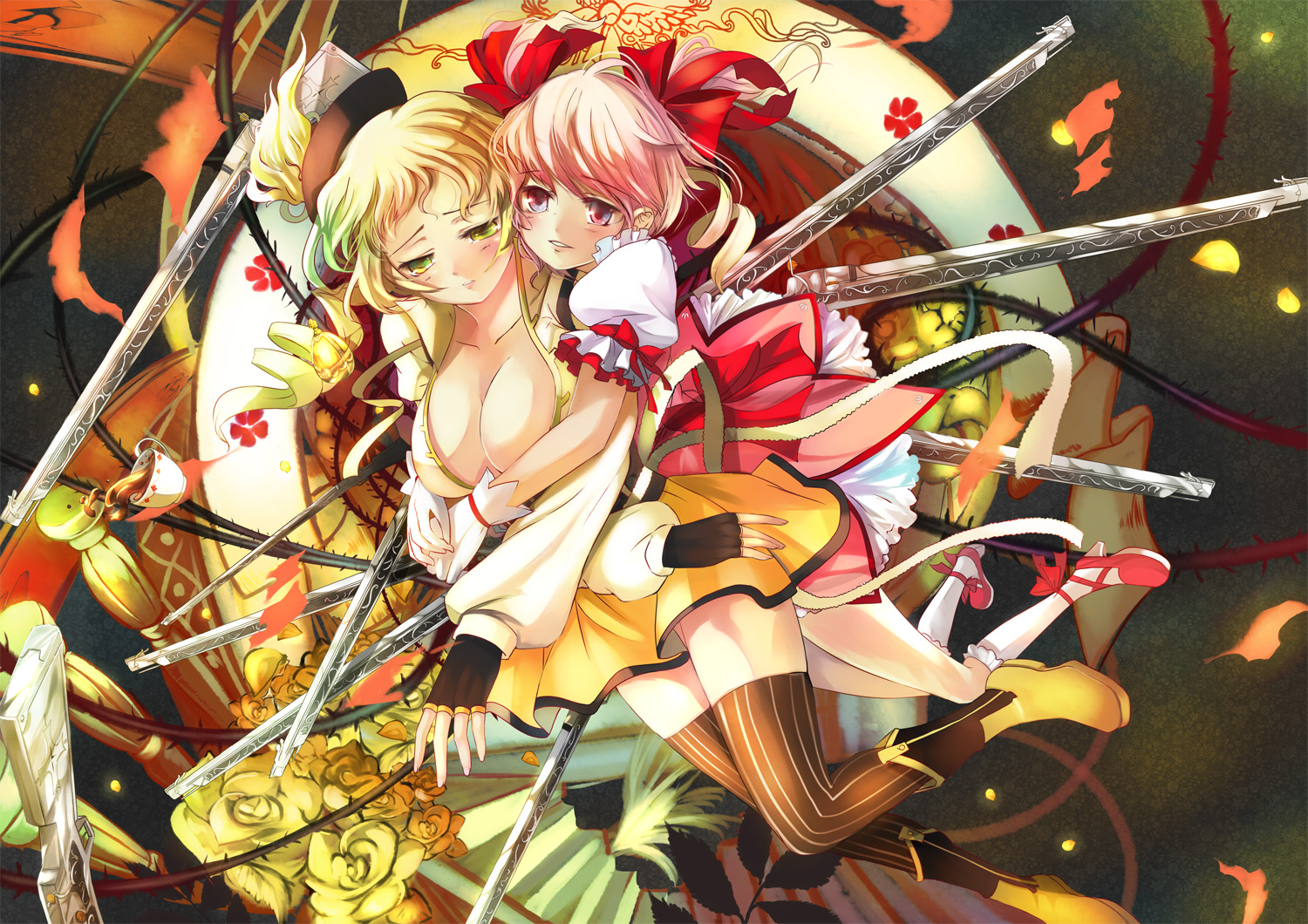 breasts, cleavage, dress, flowers, fuyouchu, gun, kaname_madoka, mahou_shoujo_madoka_magica