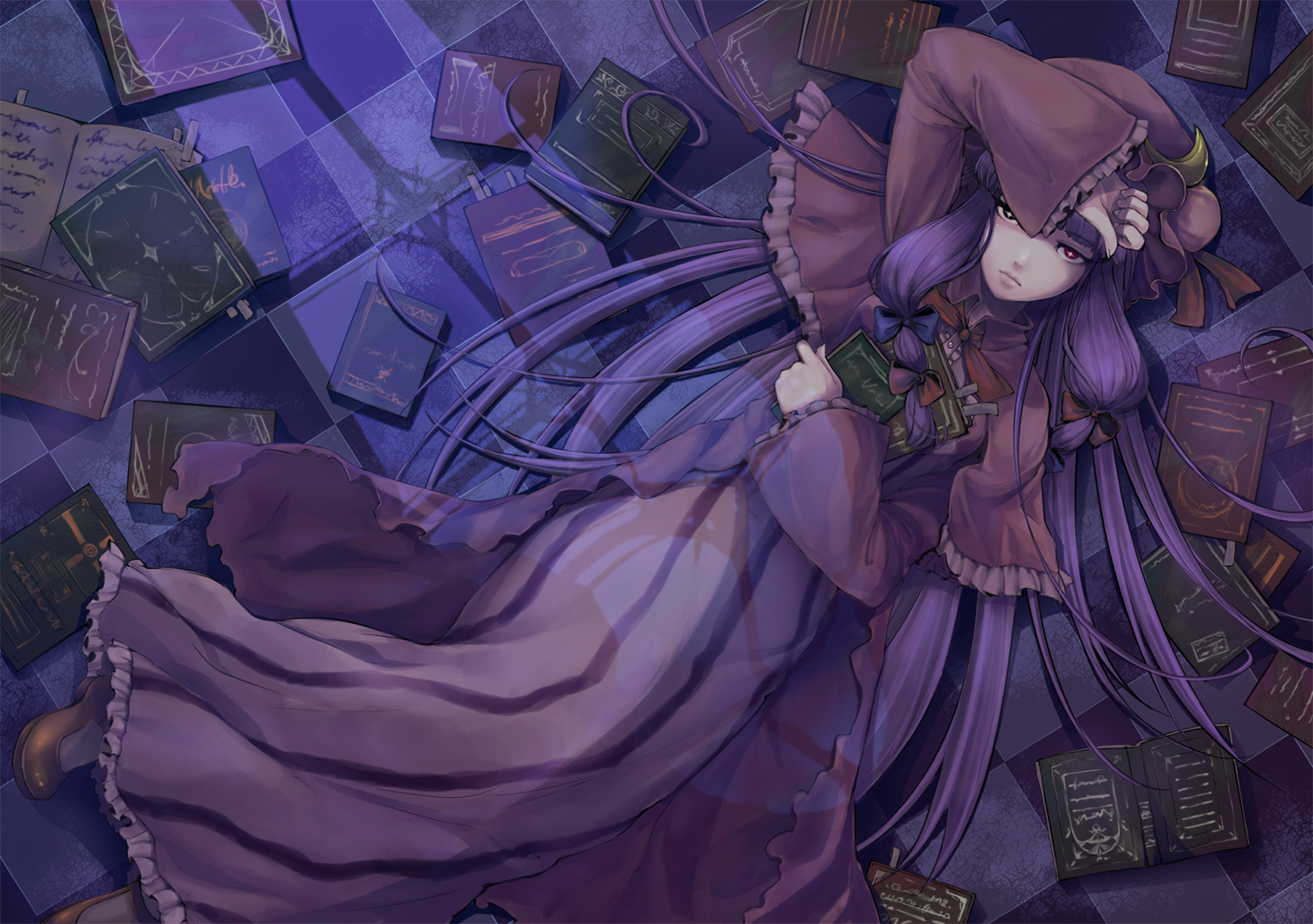 book, dress, hat, patchouli_knowledge, purple_hair, ratsunagina, touhou