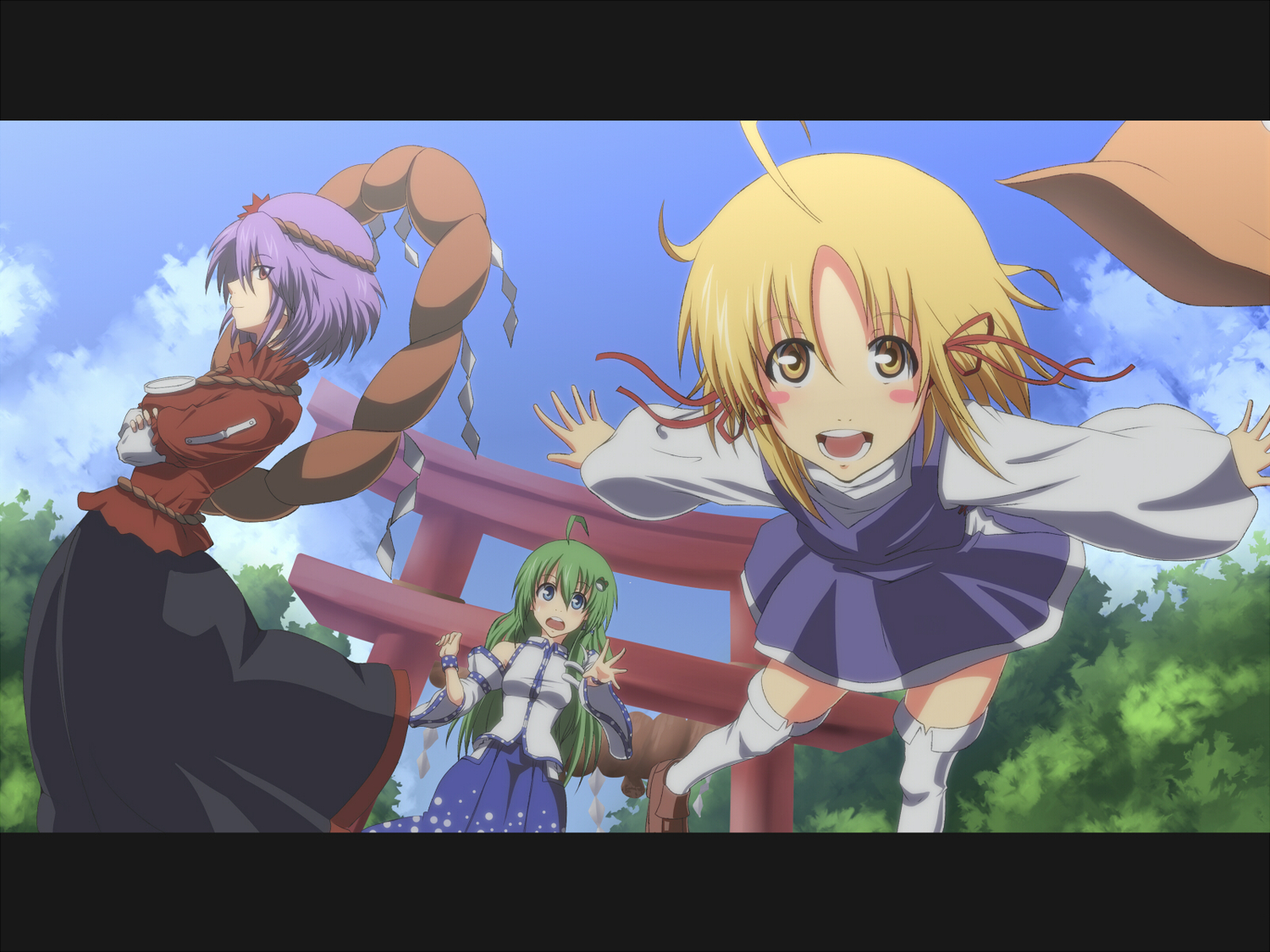 blonde_hair, blue_eyes, green_hair, irie_(masaki), japanese_clothes, kochiya_sanae, miko, moriya_suwako
