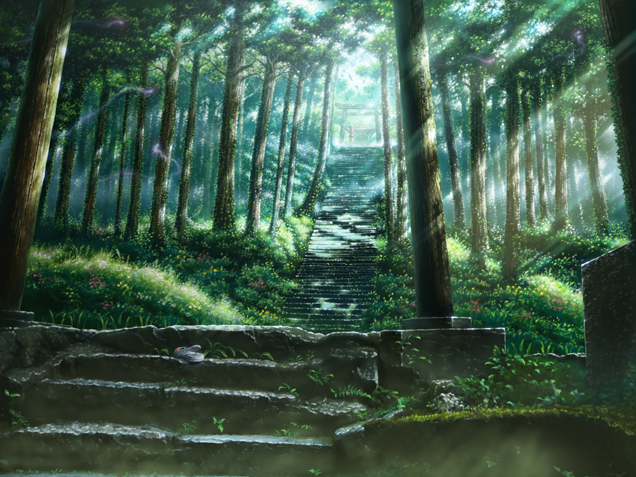 forest, kashi_takahisa, kusakabe_satsuki, scenic, stairs, tonari_no_totoro, torii, tree