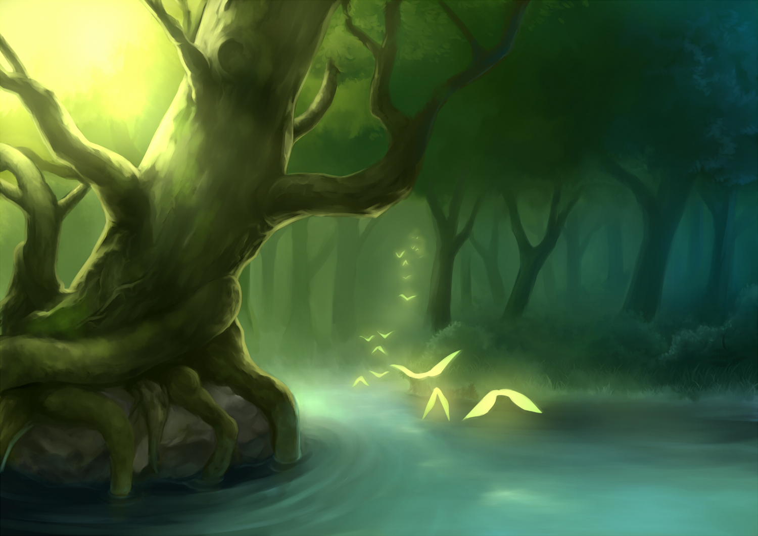 animal, bird, forest, landscape, original, otosama, scenic, tree, water