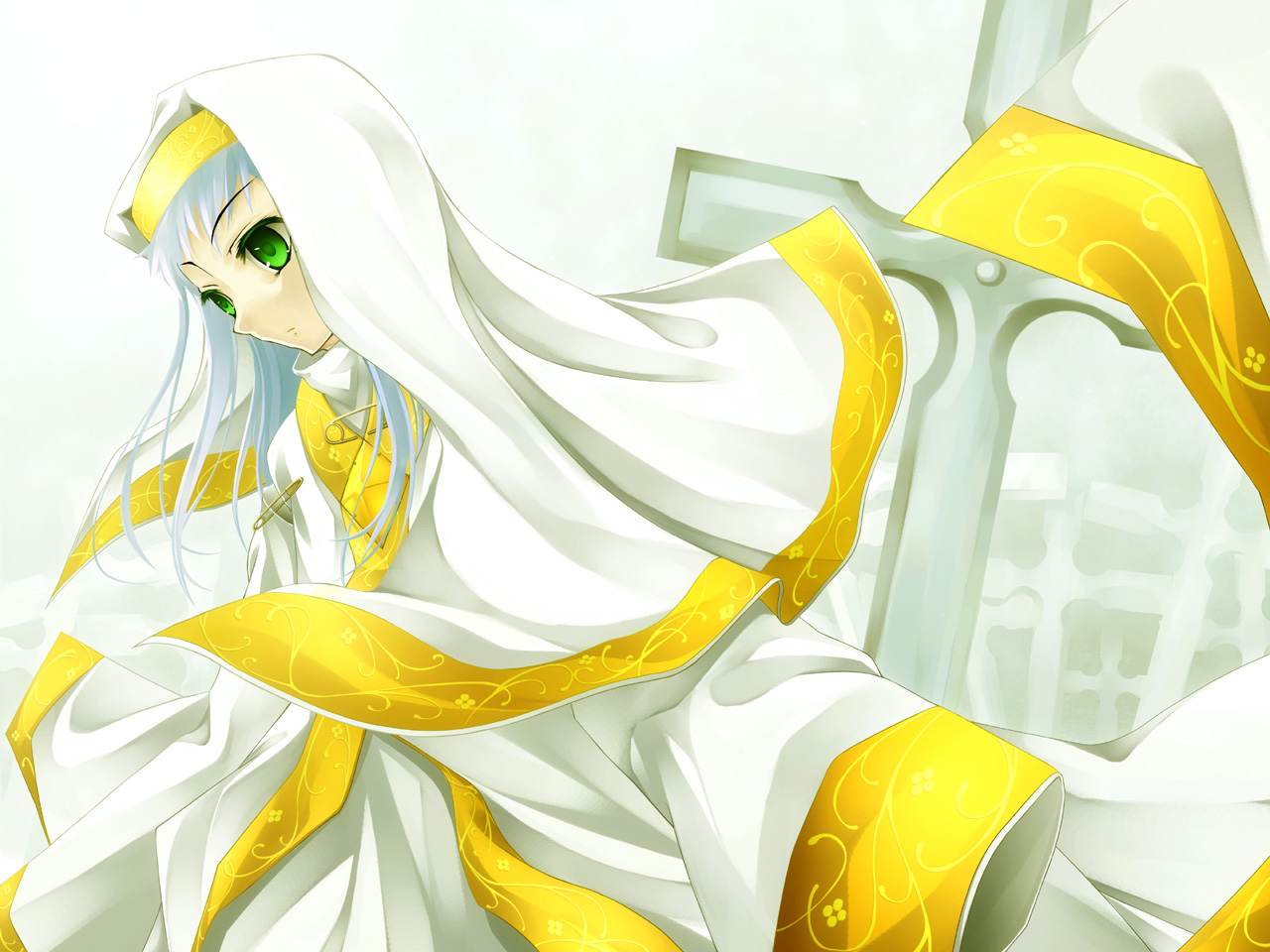 cross, gray_hair, green_eyes, hat, index, kurenai_musume, long_hair, nun, to_aru_majutsu_no_index, white