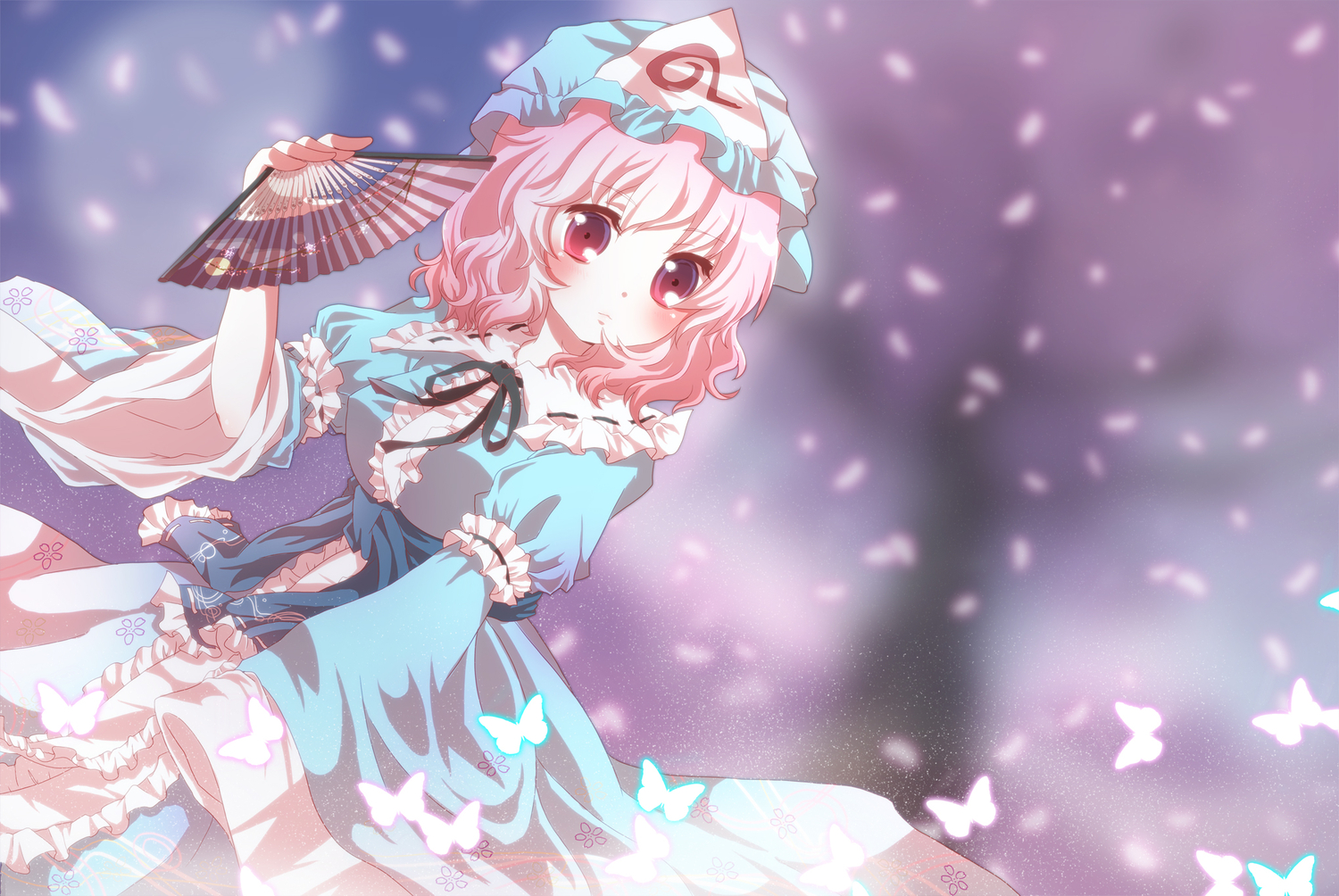 butterfly, cherry_blossoms, fan, flowers, hat, japanese_clothes, kuromame_(8gou), petals