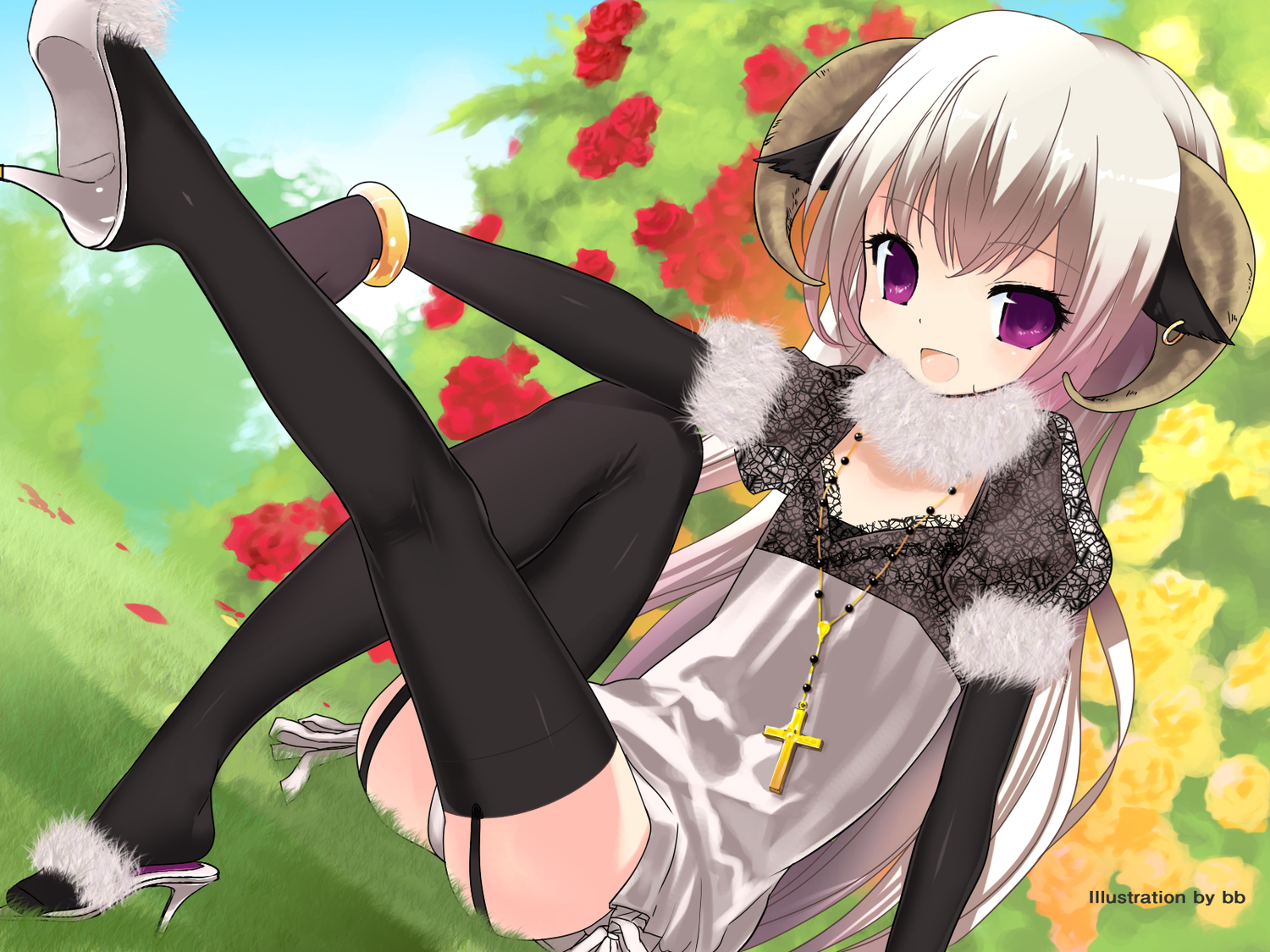 animal_ears, horns, kuroda_bb, panties, purple_eyes, thighhighs, underwear, white_hair