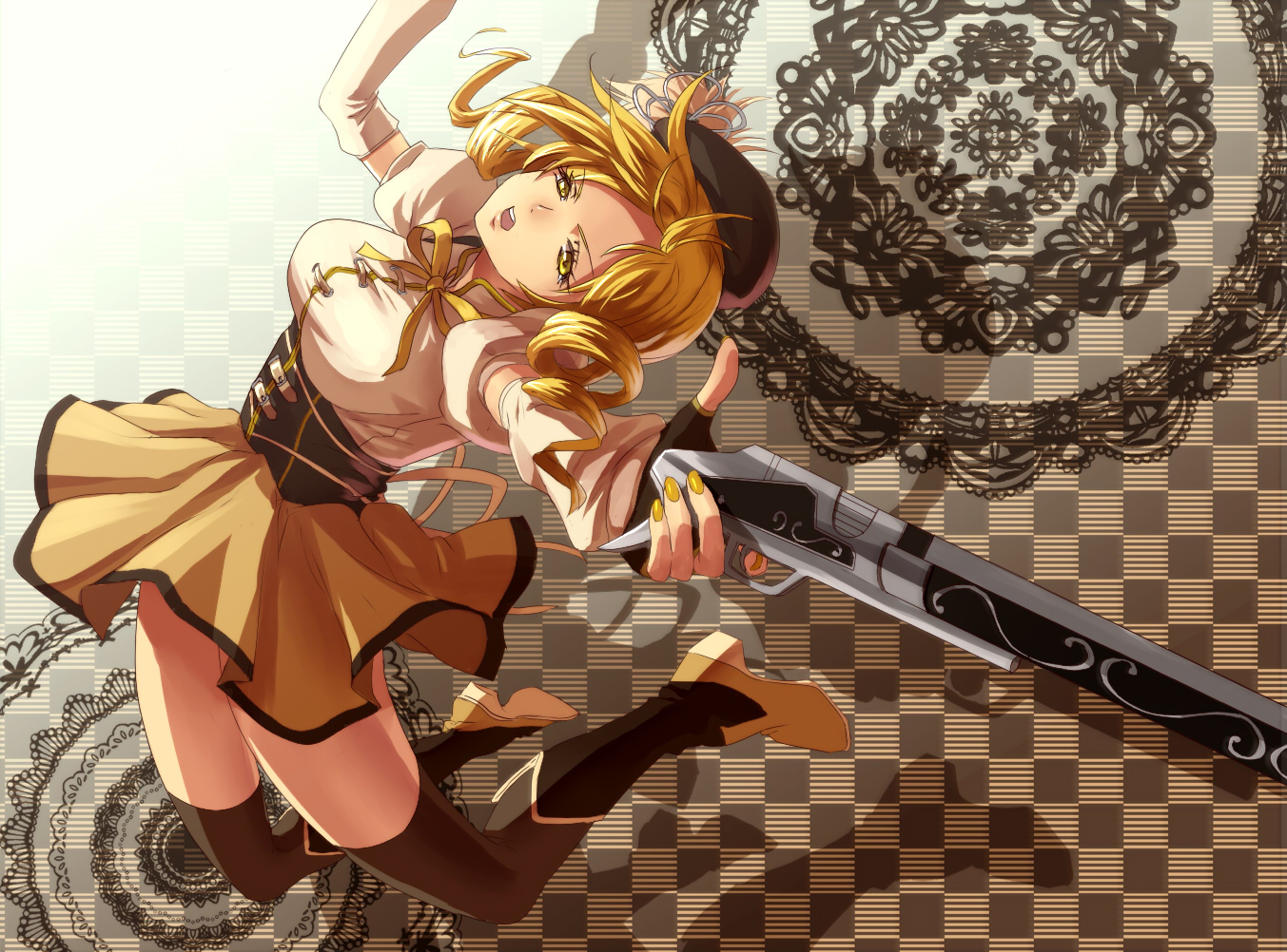 asurafkmt, blonde_hair, boots, gloves, gun, hat, mahou_shoujo_madoka_magica, thighhighs, tomoe_mami, weapon, yellow_eyes