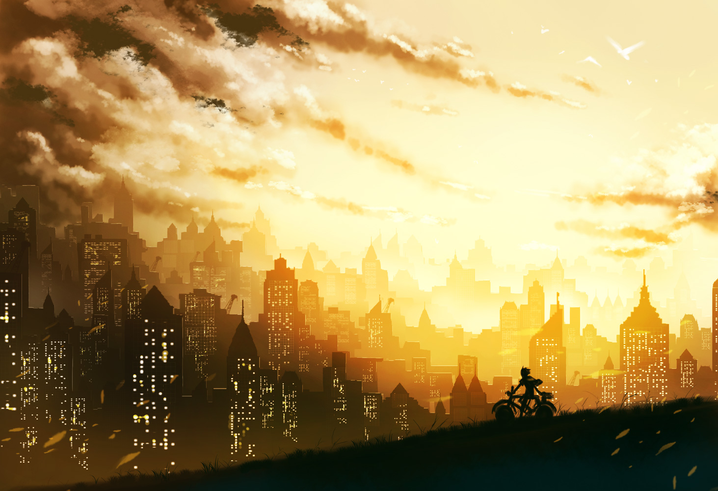 animal, bicycle, bird, building, city, clouds, keiji_asakawa, landscape, scenic, sky, sunset