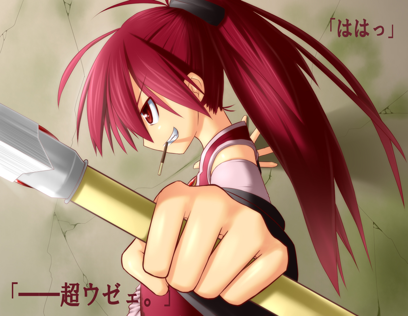 food, mahou_shoujo_madoka_magica, pocky, ponytail, red_eyes, red_hair, sakura_kyouko, thukimidanngo, weapon