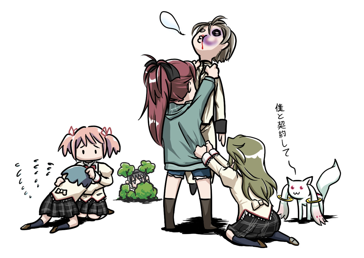akemi_homura, kamijou_kyousuke, kaname_madoka, kyuubee, mahou_shoujo_madoka_magica, miki_sayaka, mukiki, sakura_kyouko, shizuki_hitomi