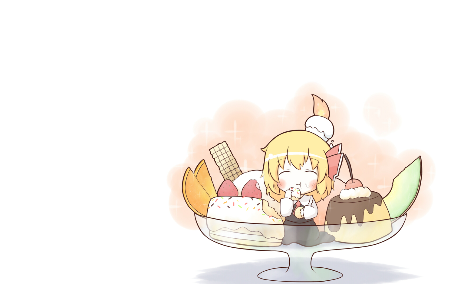 blonde_hair, blush, cherry, chibi, food, fruit, rumia, short_hair, south114, strawberry, touhou