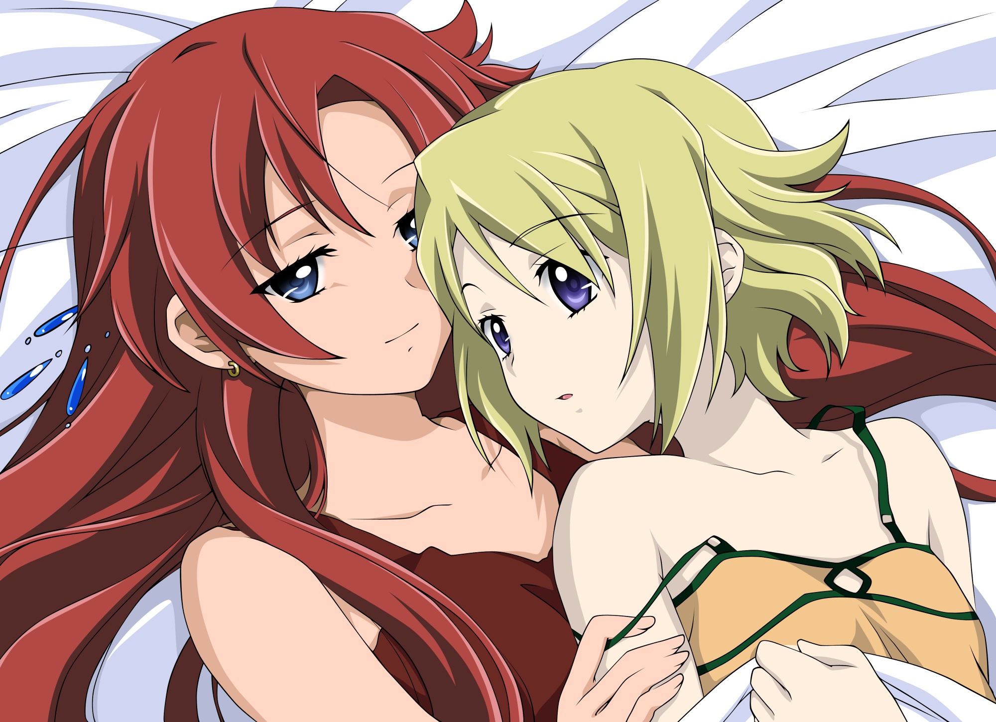 2girls, bed, blonde_hair, blue_eyes, el_cazador_de_la_bruja, ellis, long_hair, nadie