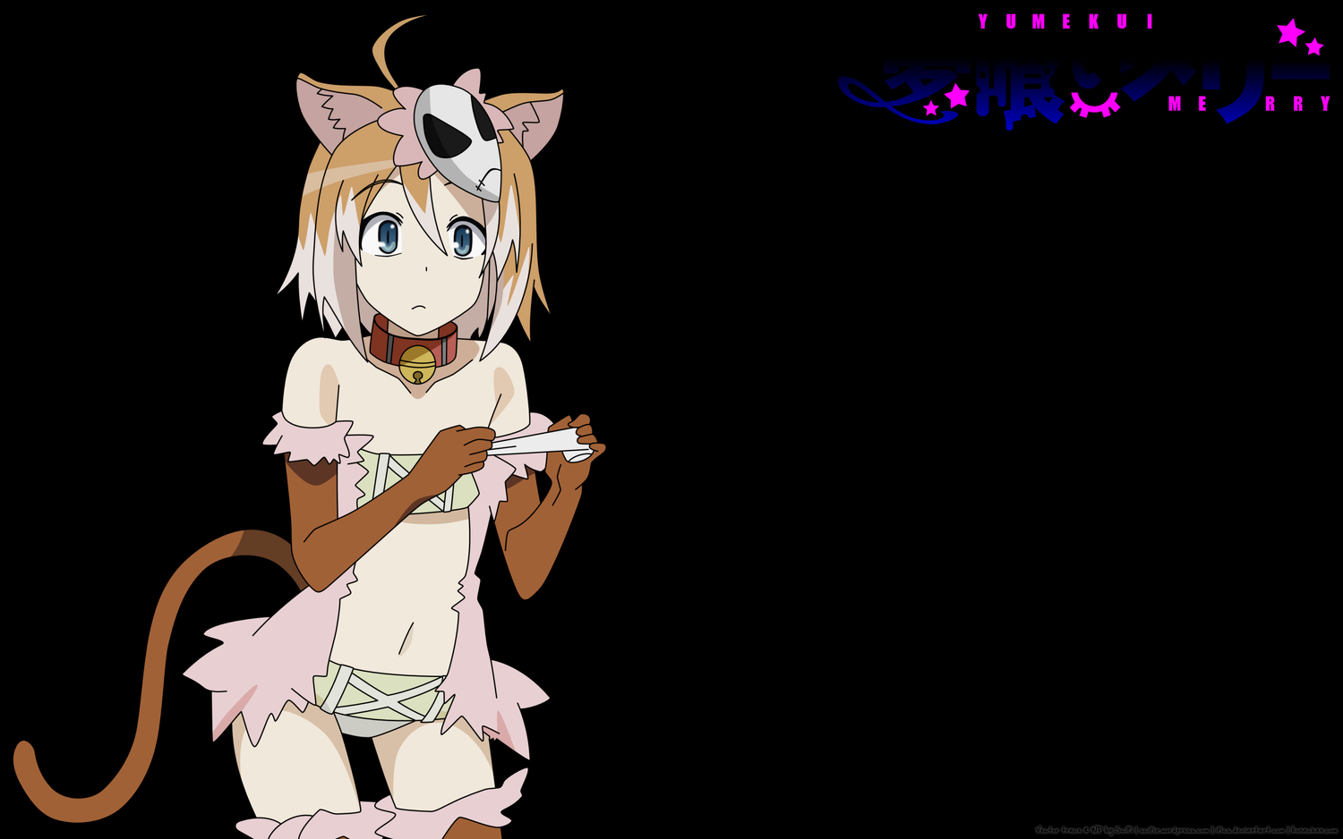 animal_ears, bell, blue_eyes, catgirl, collar, elbow_gloves, gloves, navel