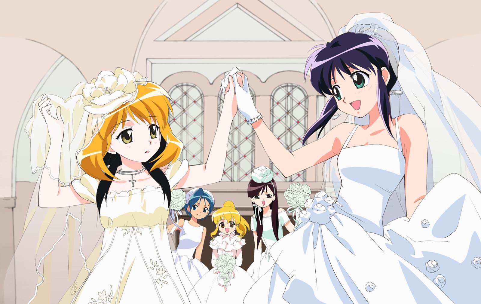 andou_mahoro, andou_minawa, dress, headdress, mahoromatic, shoujo_ai, tagme_(character), wedding
