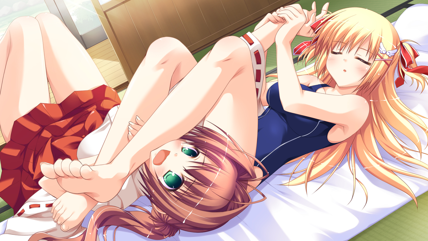 2girls, blonde_hair, brown_hair, game_cg, green_eyes, iro_ni_ide_ni_keri_waga_koi_wa, long_hair, narumi_yuu, sleeping, suzueda_komachi, swimsuit, tenjo_rio, windmill_(company)