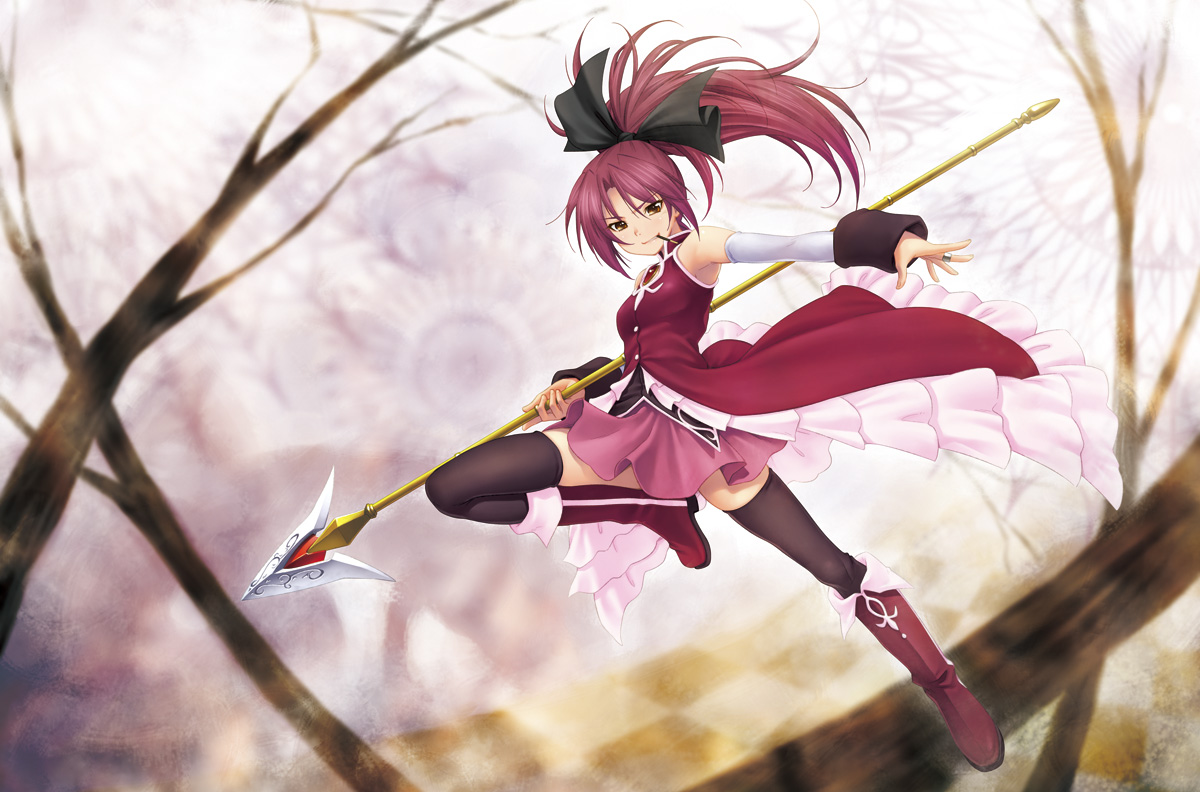 boots, bow, kazuma_muramasa, long_hair, mahou_shoujo_madoka_magica, ponytail, red_hair, sakura_kyouko
